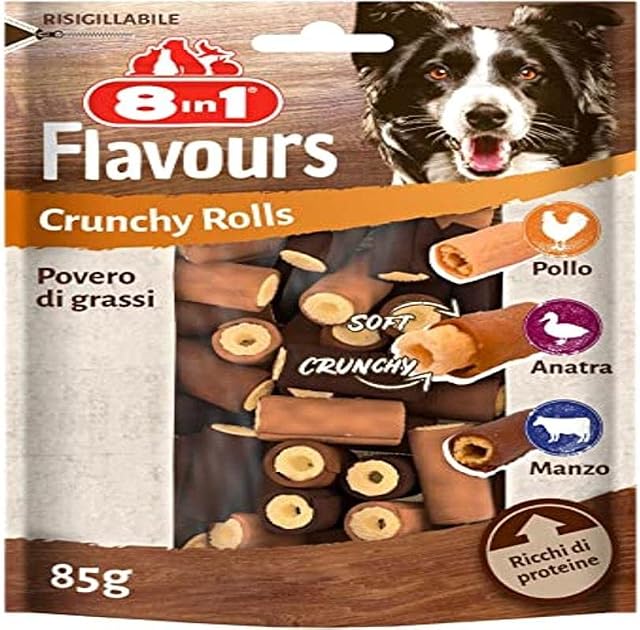 8in1 Flavours Crunchy Rolls przekąski dla psów, chrupiące smakołyki dla psów z piersią kurczaka, piersią kaczki lub wołowiną, saszetka 85 g