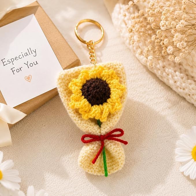 Image of Handmade Crochet Keychain Combo for Girls Women Cute Aesthetic Sunflower Strawberry Watermelon Daisy Knitted Keychain Bag Charm Purse Charm Car Key Ring Backpack Accessories Gift