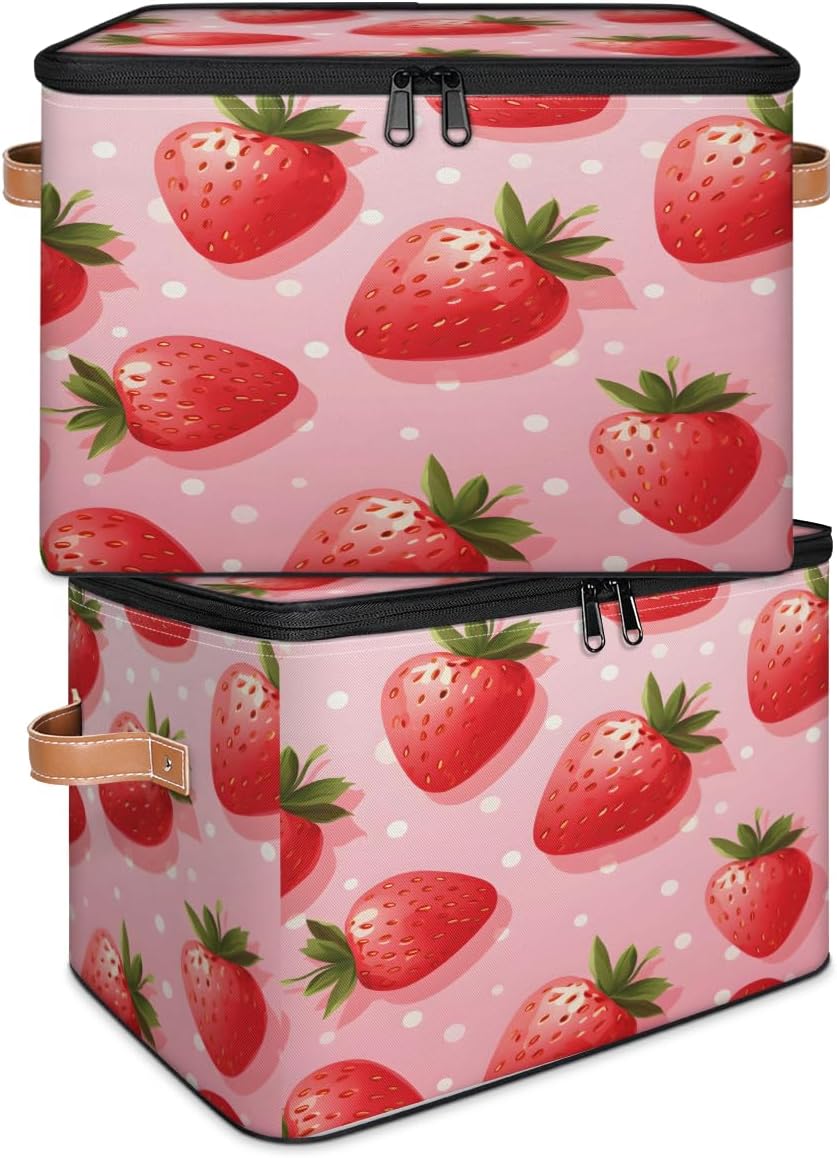 Storage Bin Set of 2 Strawberry Dots Storage Basket with Zipper Lid & Handle Foldable Closet Shelf 2 Pack Cloth Organizer Basket Cube Bins Clothes Organizer for Bedroom, Nursery
