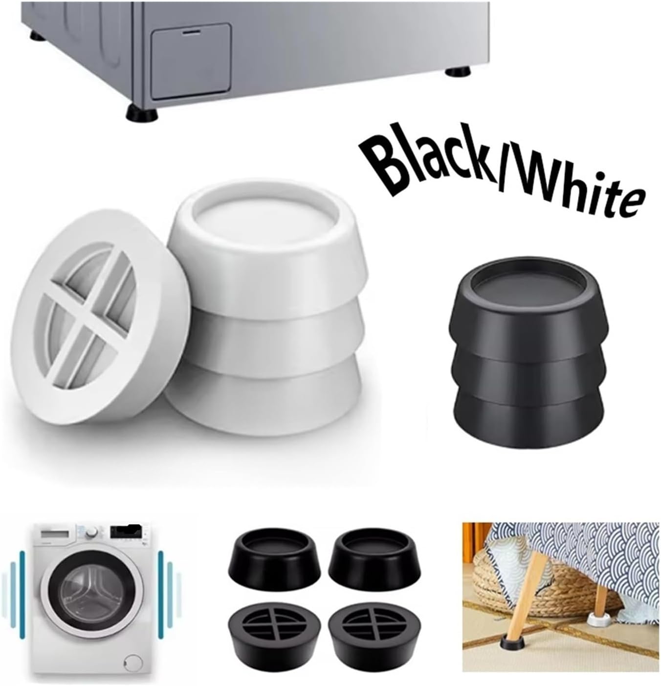 Black/White Washing Machine Shock-absorbing Pad Furniture Stability Anti Vibration Pads(Black 6.5cm,4pcs)