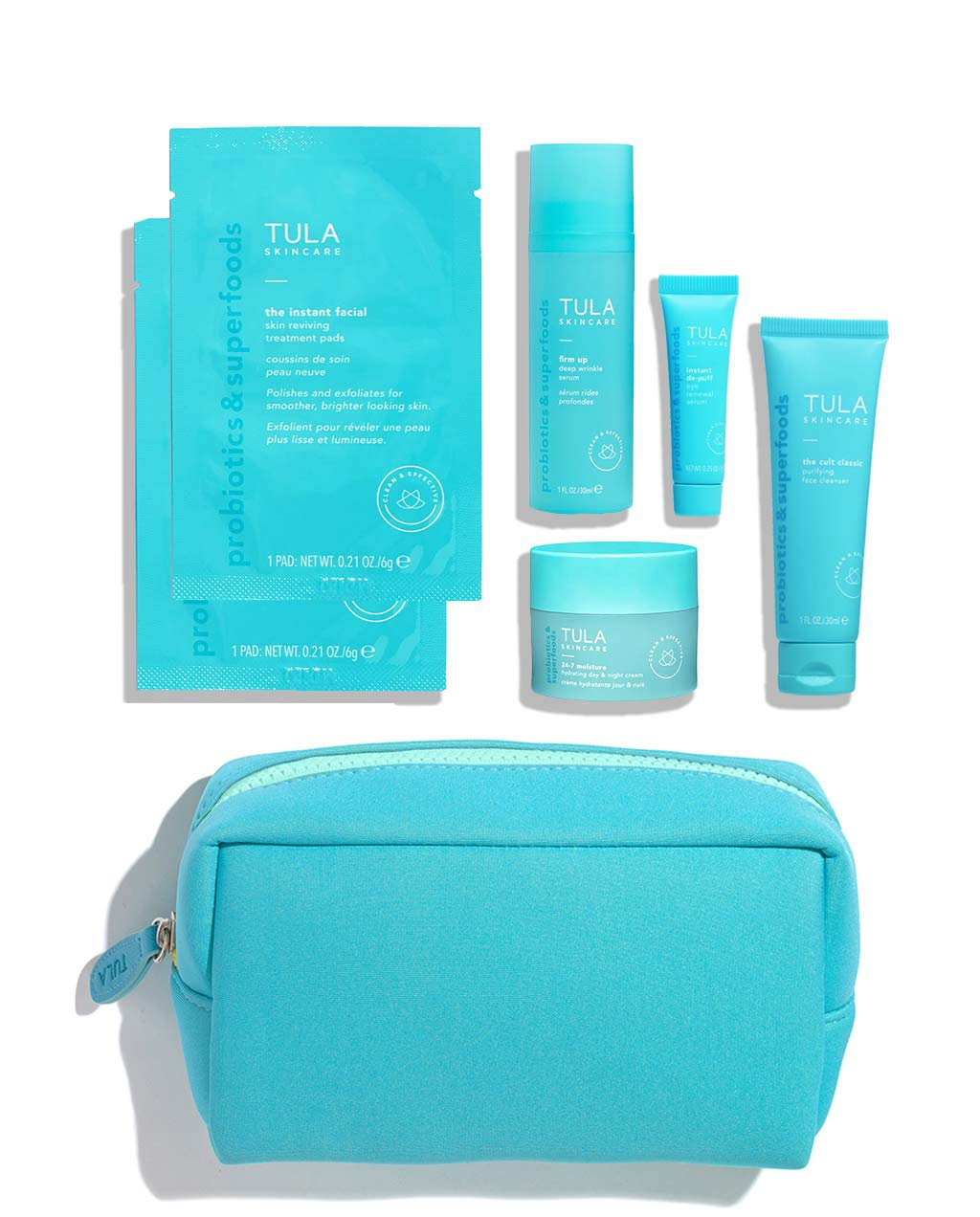 TULA Probiotic Skin Care Anti Aging Discovery Kit | Face Wash, Eye Serum, Face Serum, Treatment Pads, and Face Moisturizer for Glowing and Balanced Skin