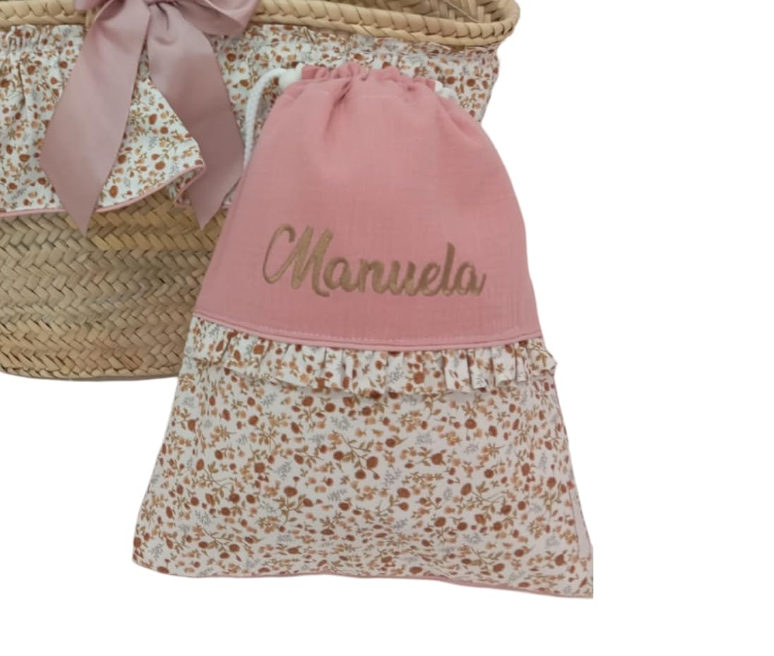 Capazo Mimbre, Toalla de Playa, Bolsa bañadores Personalizado para niña - Conjunto piscina infantil con nombre - 3 piezas (Flores Liberty/Rosa Maquillaje)