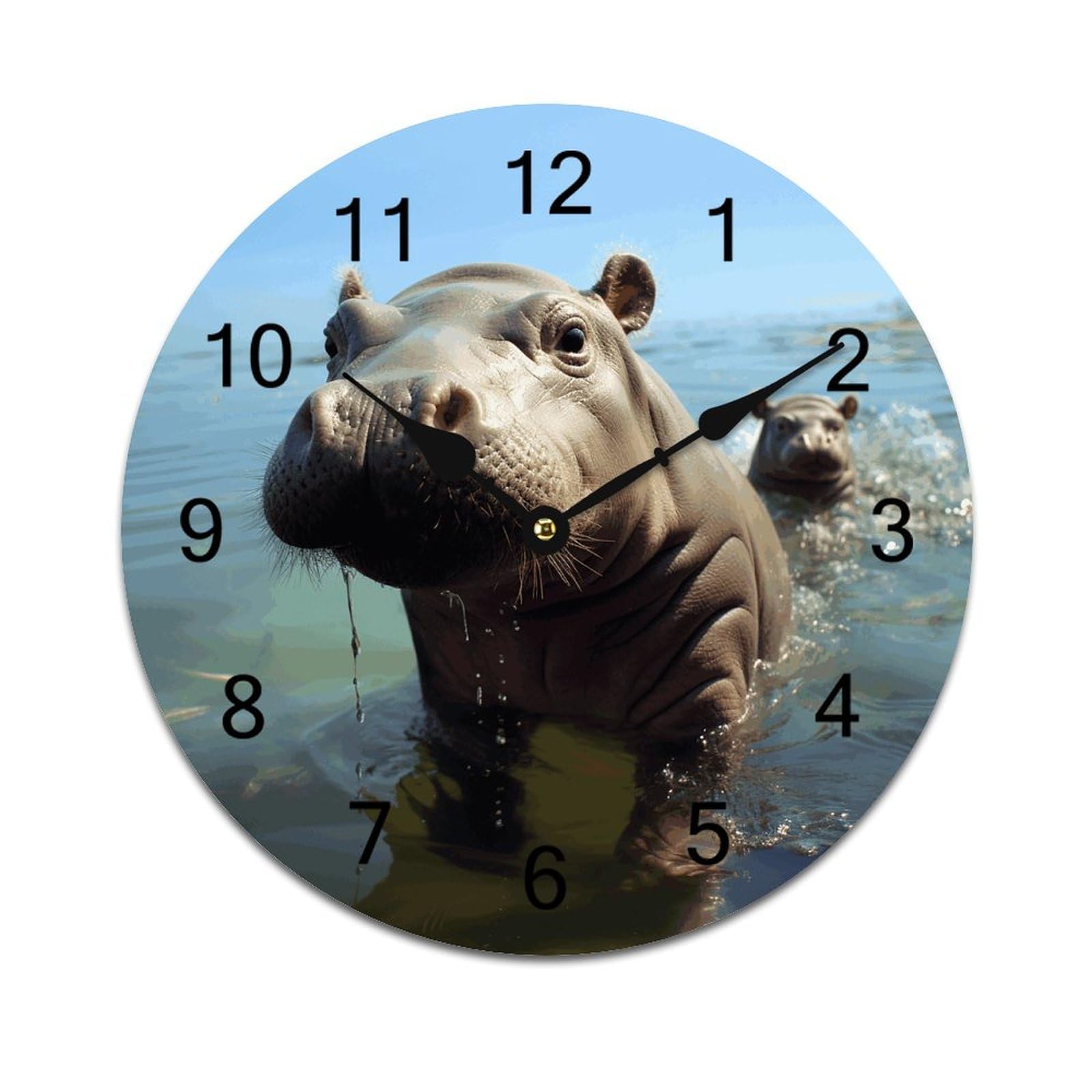 Horloge murale ronde pour salon et cuisine design hippopotame