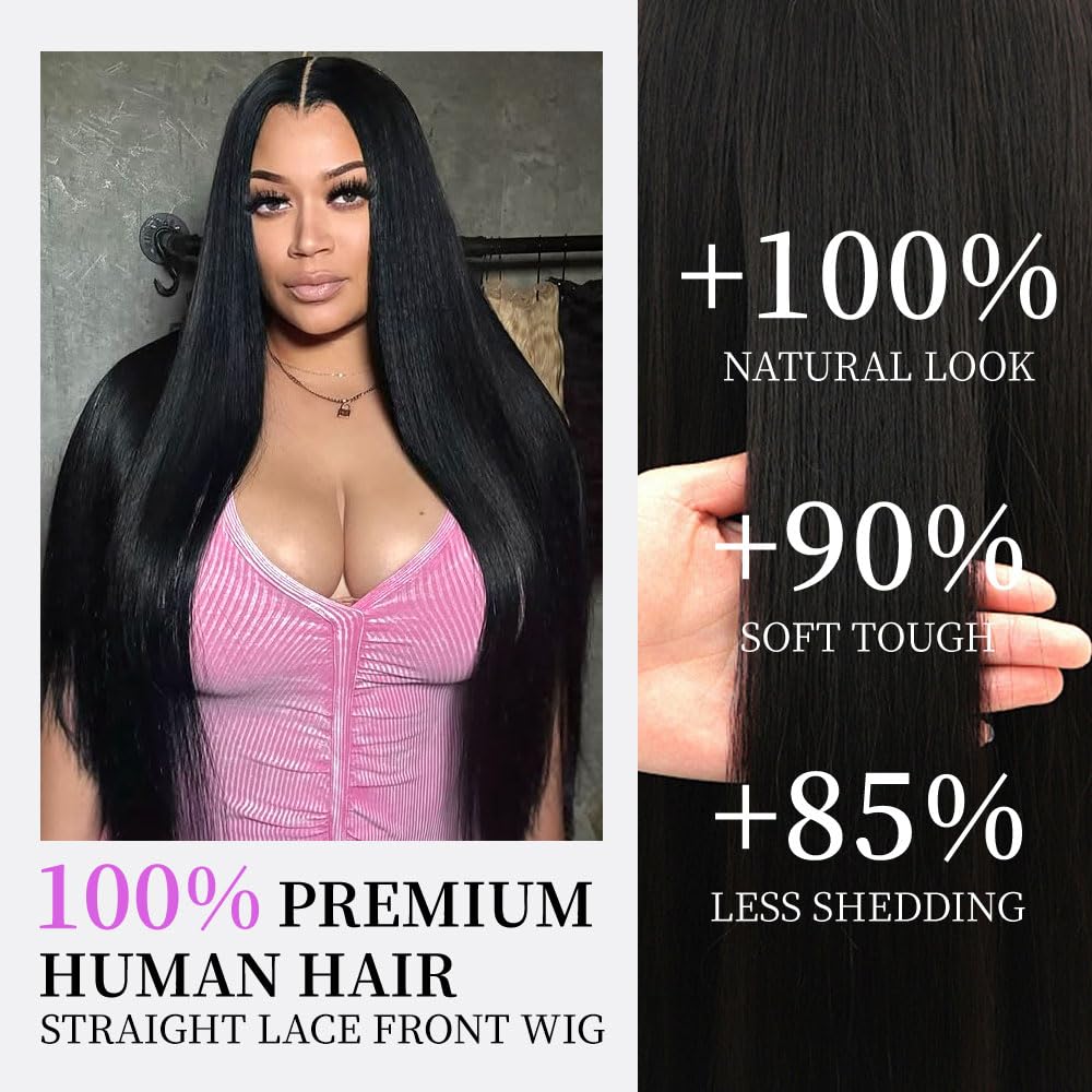 30 Inch 13x6 Lace Front Wigs Human Hair Full Real Virgin Hair 3X Longer Life Straight Wigs Human Hair 200% Density Soft Silky Smooth HD Lace Frontal Wig Tangle-Free Natural Black