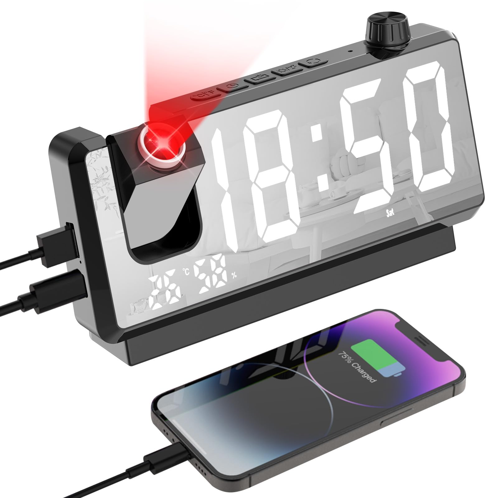 Cuteefun Projector Alarm Clock, Digital Clock Bedside, Mains Powered, Black