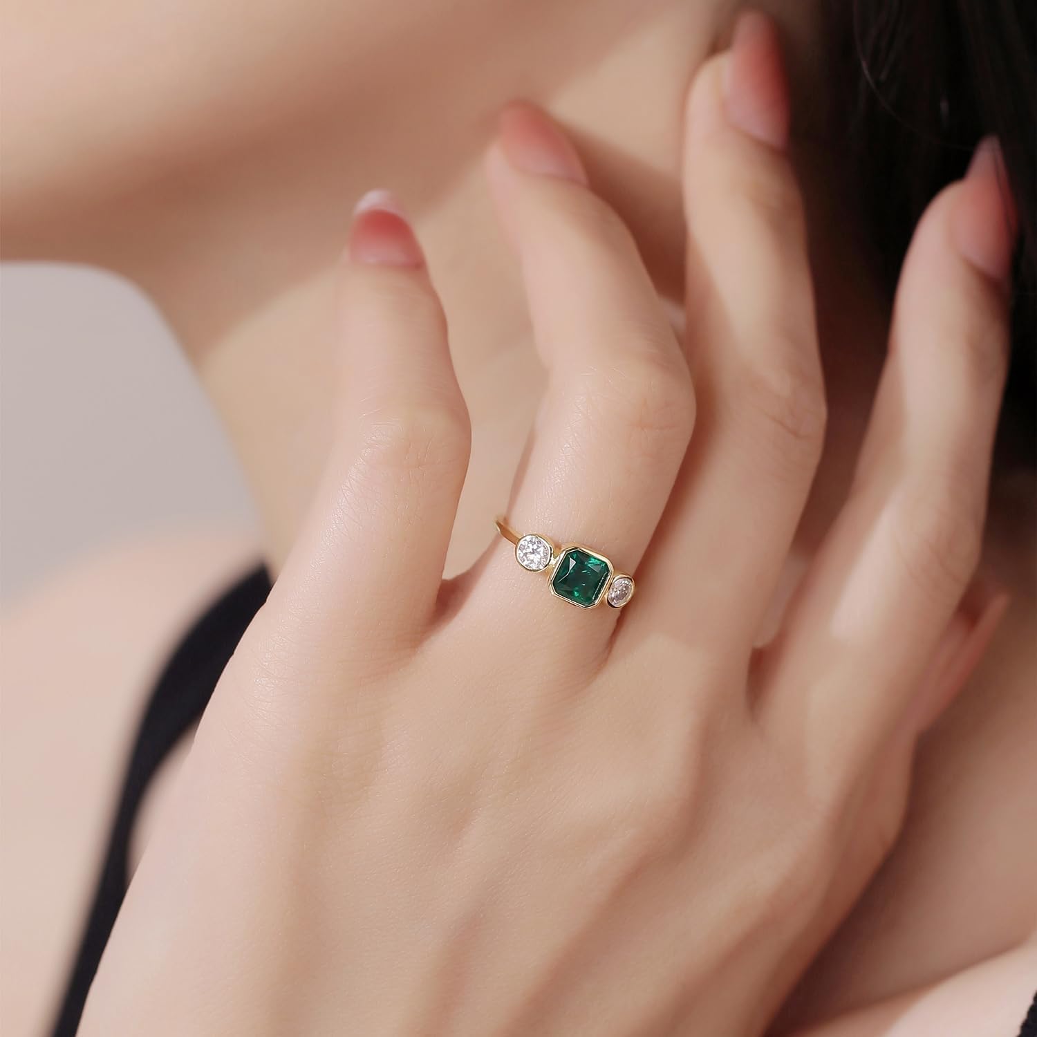 AFFY 3 Stone Engagement Ring for Her, 6X6MM Asscher Shape Zambian Emerald Lab Grown Gemstone & Created Moissanite Wedding Promise Ring for Women In 14K Yellow Gold Over Sterling Silver (1.30 Cttw) - Image 5