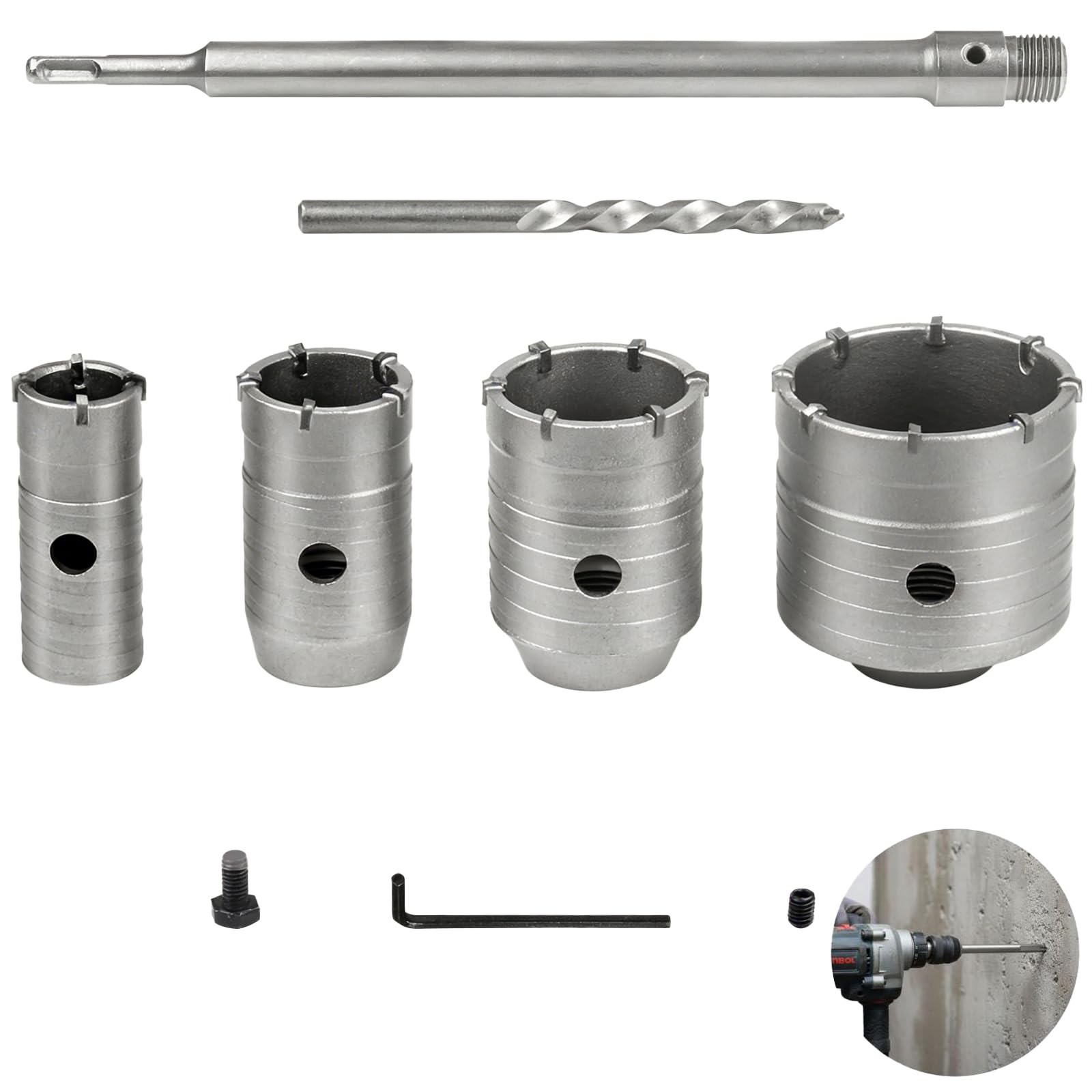 6‑tlg Beton-Kernbohrer-Set, inklusive Lochsägen 1,18–2,68 Zoll, 12,6 Zoll Verlängerungsstange, SDS-Plus-Adapter, stabile Hohlbohrer aus Legierung für Mauerwerk, Ziegel, Zement, Stein und Fliesen