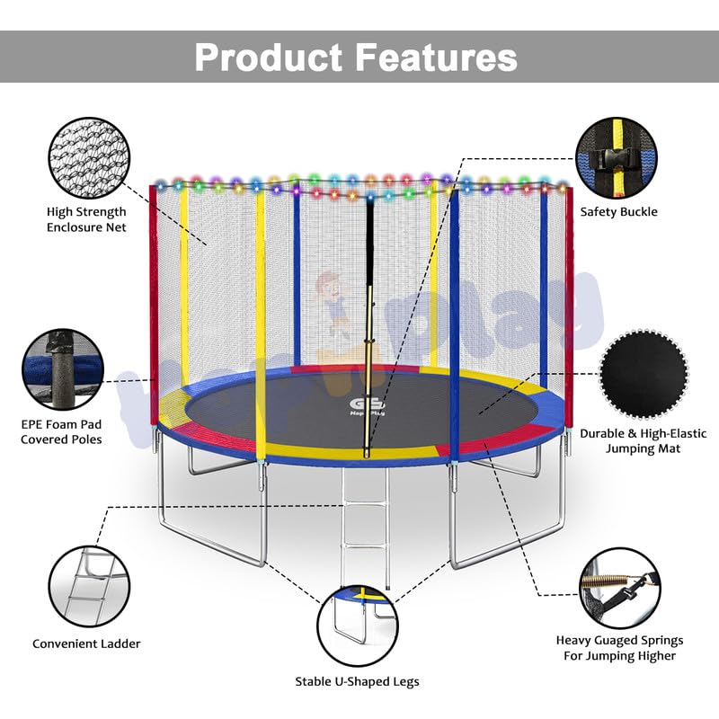 Image of Hop N Play Festive Edition 12 feet Heavy-Duty Jumping Trampoline for Adults & Kids with Safety Net, Remote-Control Waterproof LED Lights-Perfect for Indoor & Outdoor, Bouncer, Supports Up to 200kg
