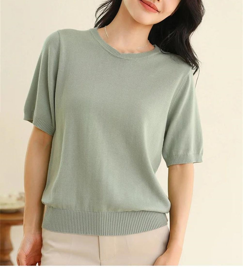 Camiseta de verano para mujer, cuello redondo, media manga, tela de algodón, color sólido, transpirable, esencial para uso diario