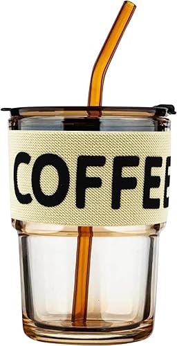 Birugen Vaso de vidrio con popote y tapa, tazas de vidrio para café helado con tapas y pajita, taza de café de vidrio para viaje, botella de agua de