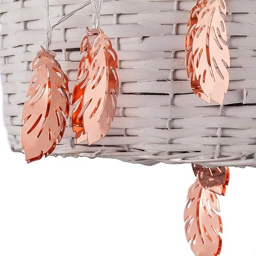 Vista 19 de Guirnalda de luces LED de plumas de oro rosa, farol de hojas de metal, funciona con pilas, luces de hadas para dormitorio, decoraciones de boda