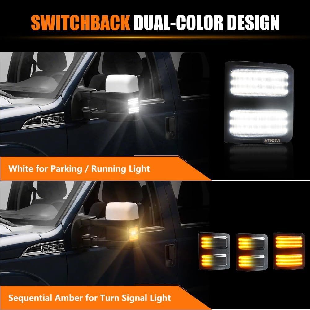 LED Sequential Switchback Side Mirror Running & Turn Signal Lights for F250 F350 F450 F550 2008-2016 Super Duty, [Visibility & Safety] Smoked lens White DRL & Parking Light, Amber Turn Signals