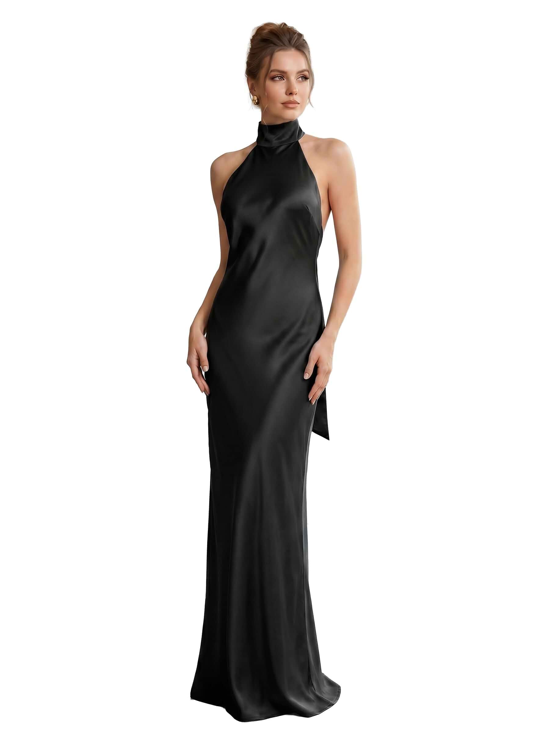 Women's Satin Halter Dress, High Neck Backless Maxi Formal Gown Satin Wedding Guest Dress with Halter Neck for Formal Evenings, Cocktail Parties, Galas, Prom and Rehearsal Dinners