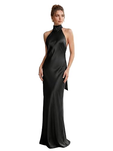 Women's Satin Halter Dress, High Neck Backless Maxi Formal Gown