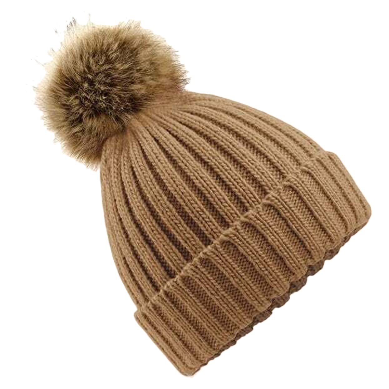 Beechfield - Faux Fur Pop Pom Chunky Beanie - Unisex Styling - Black