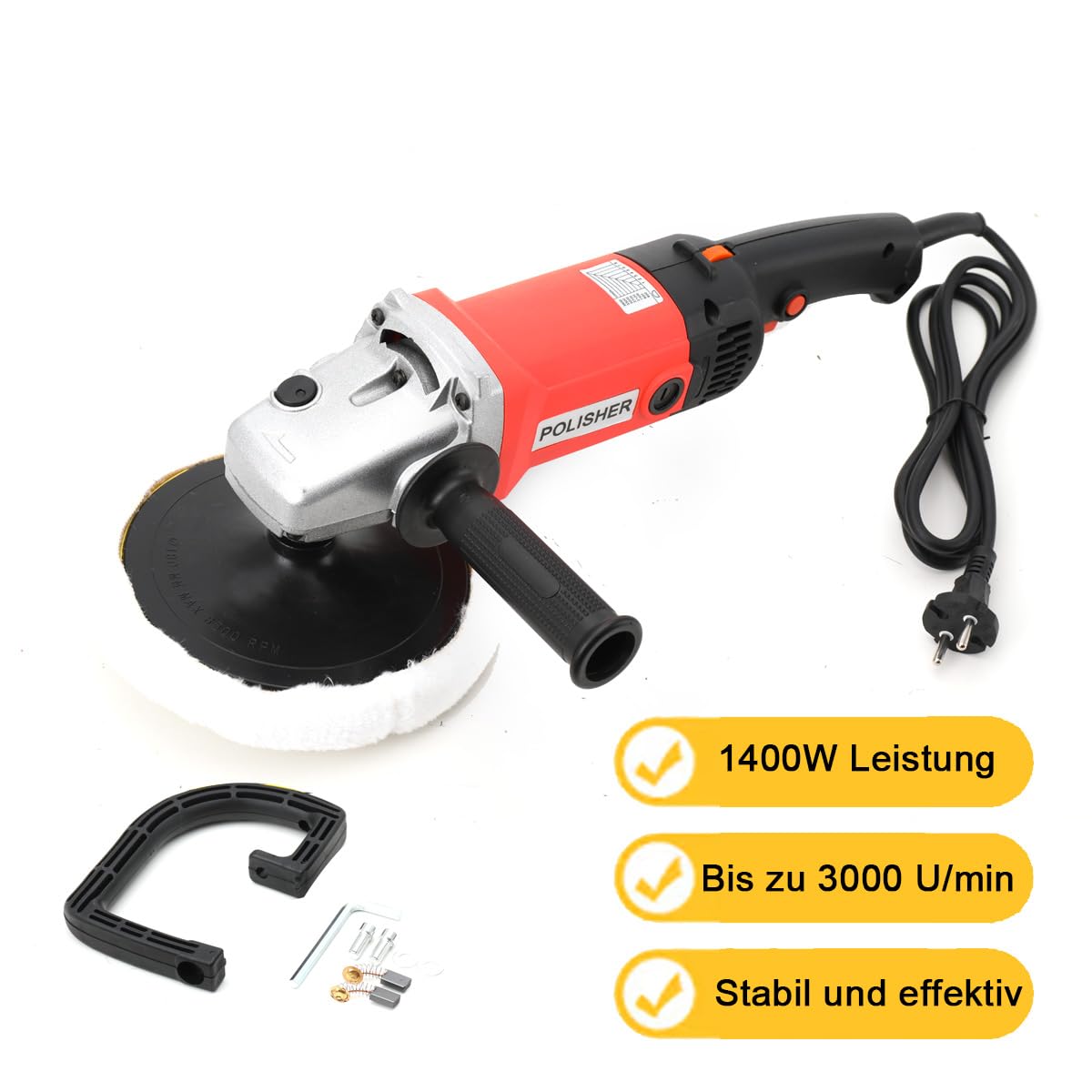 Poliermaschine Auto, 1400W Auto Polierer 8 Variable Geschwindigkeit 3300 RPM Professionell Poliermaschine Set für Auto Möbeln Tellerschleifer mit 2 Pads