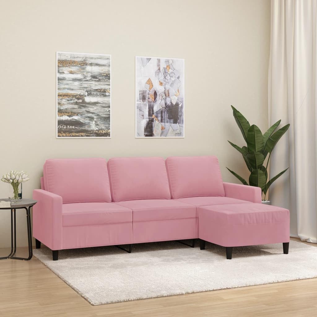 Sofá rosa de 3 plazas con taburete tapizado en terciopelo de 180 cm de ancho cómodo