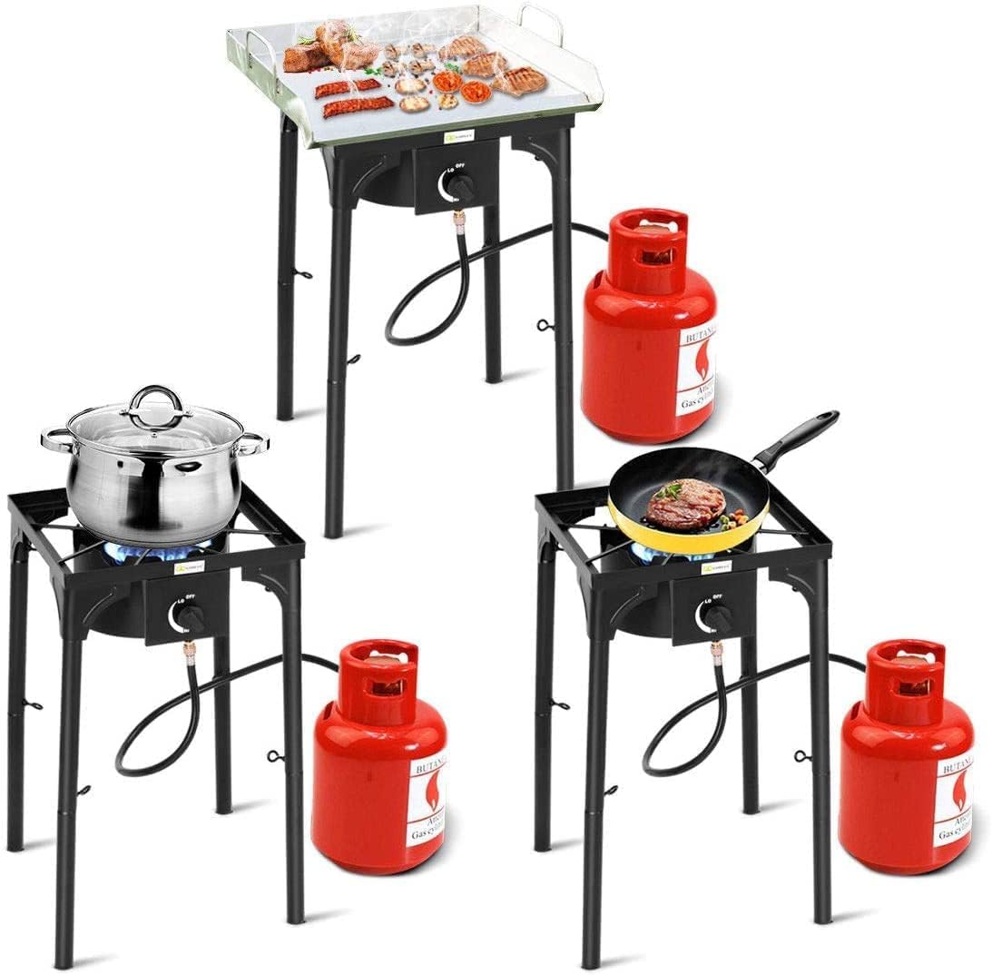 Fornello Fornellone a Gas GPL Bruciatore 40x40cm Accensione Piezoelettrica Gambe Regolabili in 3 Posizioni Fornello da Campeggio, Terrazzo, Esterno