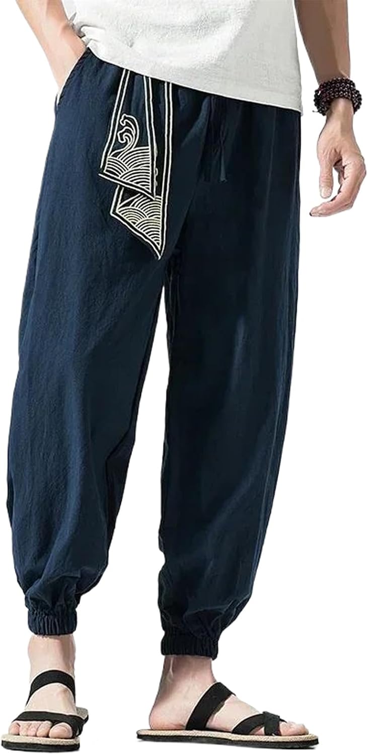 Japanese Men Cotton Linen Costume Print Belt Retro Harem Pants Baggy Trousers Harajuku Hip Hop