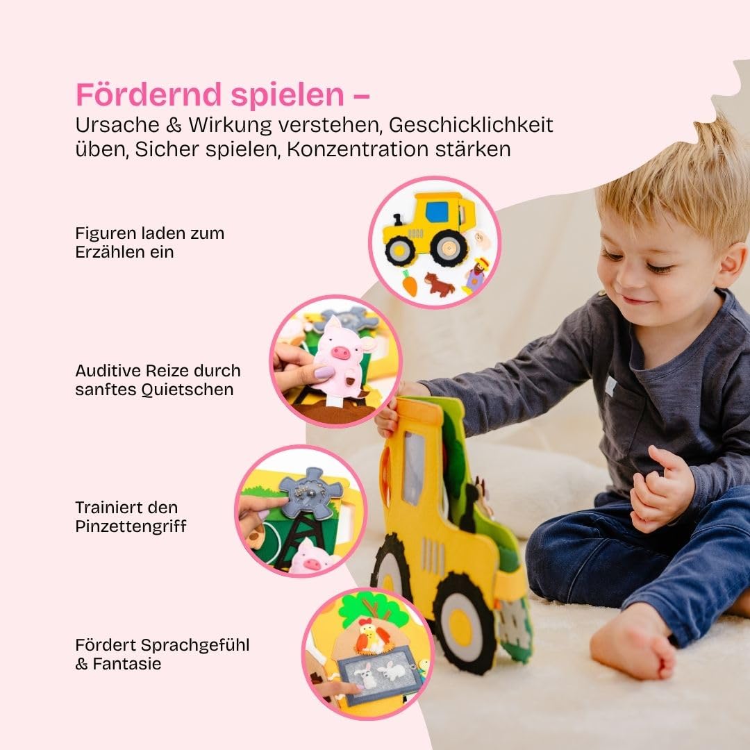 Jolly Designs Travel Buddy Trattore, libro di gioco Montessori e Quiet Book a partire da 1 anno, giocattolo sensoriale & Busy Board per passeggino, auto e viaggi, libro in tessuto per bambini piccoli