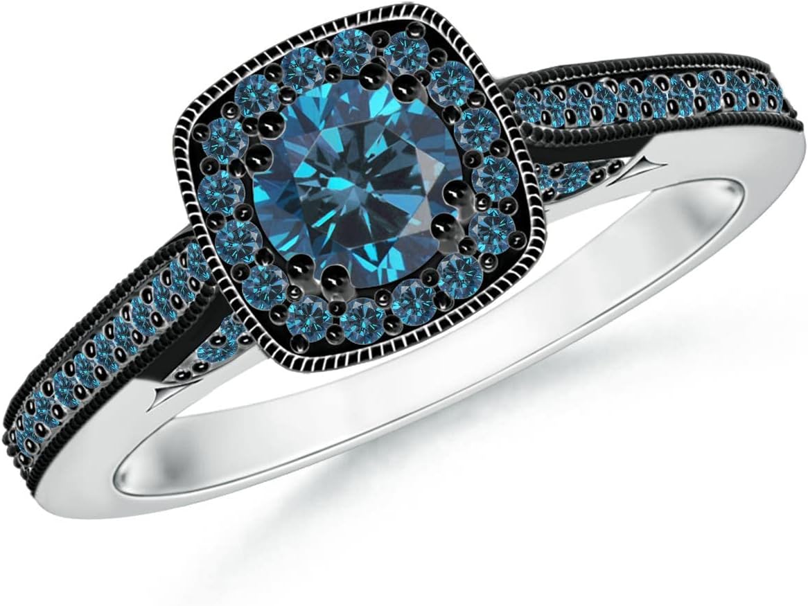 Angara Natural Blue Diamond Ring for Women | Round TRUE Halo Ring in 14K Solid Gold | April Birthday, Anniversary, Gemstone Jewellery Gift