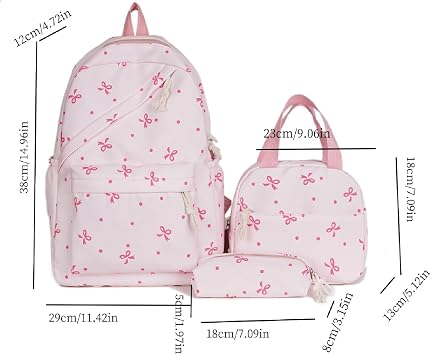 3 Pcs Bow Backpack Set for Girls with Lunch Box & Pencil Bag Nylon Rucksack, Cute Aesthetic Daypack Flower Rucksack,Kawaii School Bags Floral Preppy Backpack for Teenage Primary Middle School (Pink)
