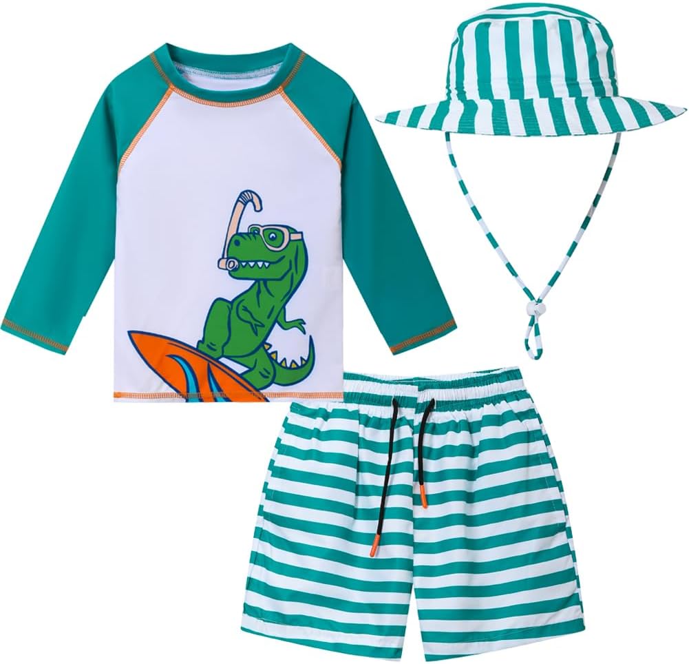 Baby Boys Swimsuit, 3-Piece Toddlers Swimsuit Trunk Long Sleeve Rashguard Swimwear and Sun Hat Set