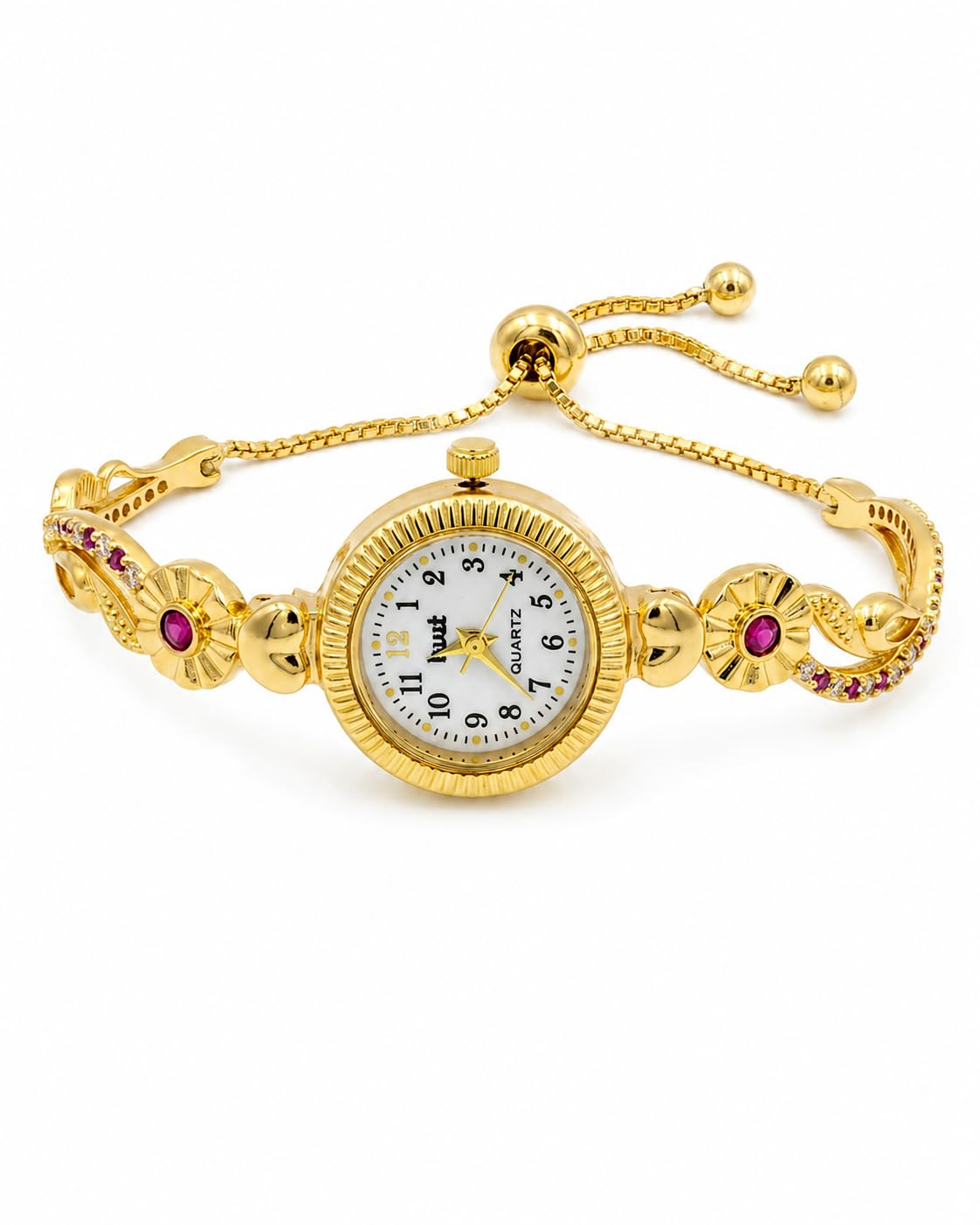 Women's Gold-Tone Bracelet Watch with Pink Stone Floral Design | Adjustable Analog Quartz Watch | Imitation Jewellery Watch-image-19