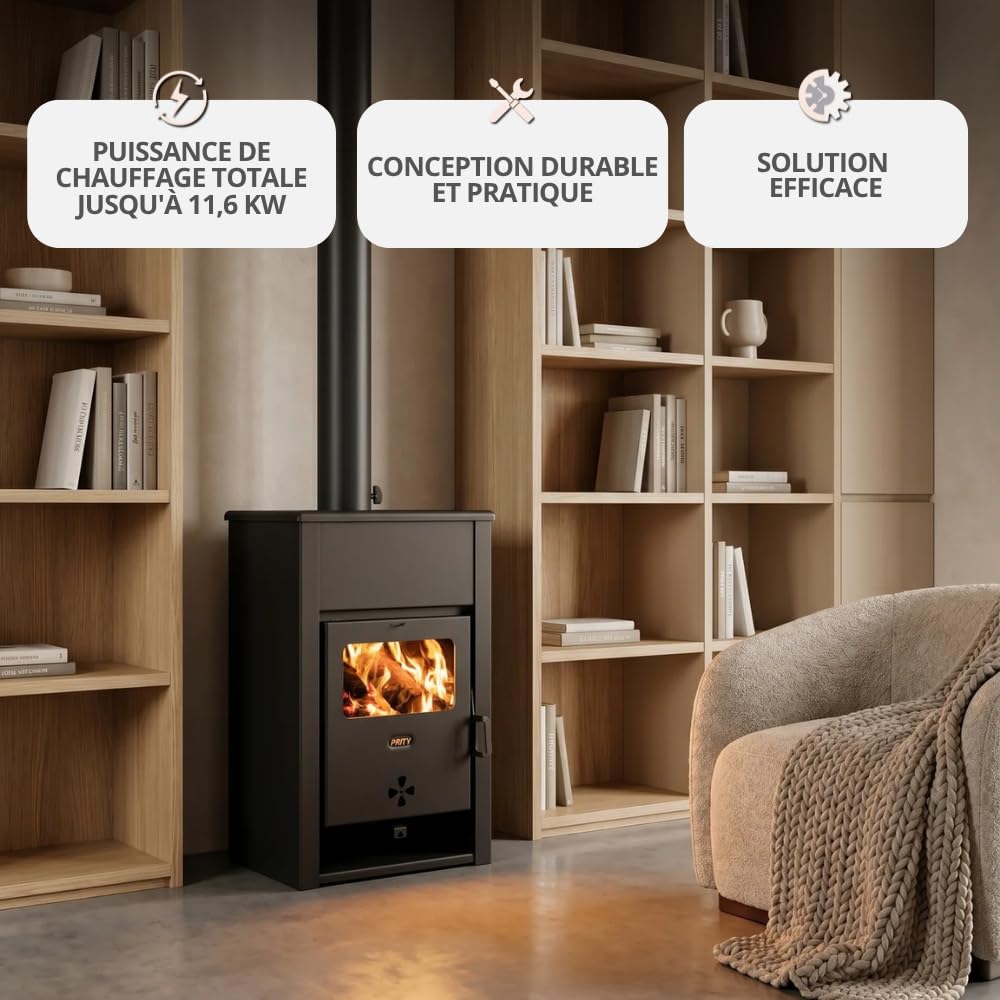 PRITY K2 D Poêle à bois 11,6 kW Classe d'efficacité énergétique A+ 80,7 % Rendement 80,7 % Tuyau de fumée Ø 130 mm Construction en acier et fonte