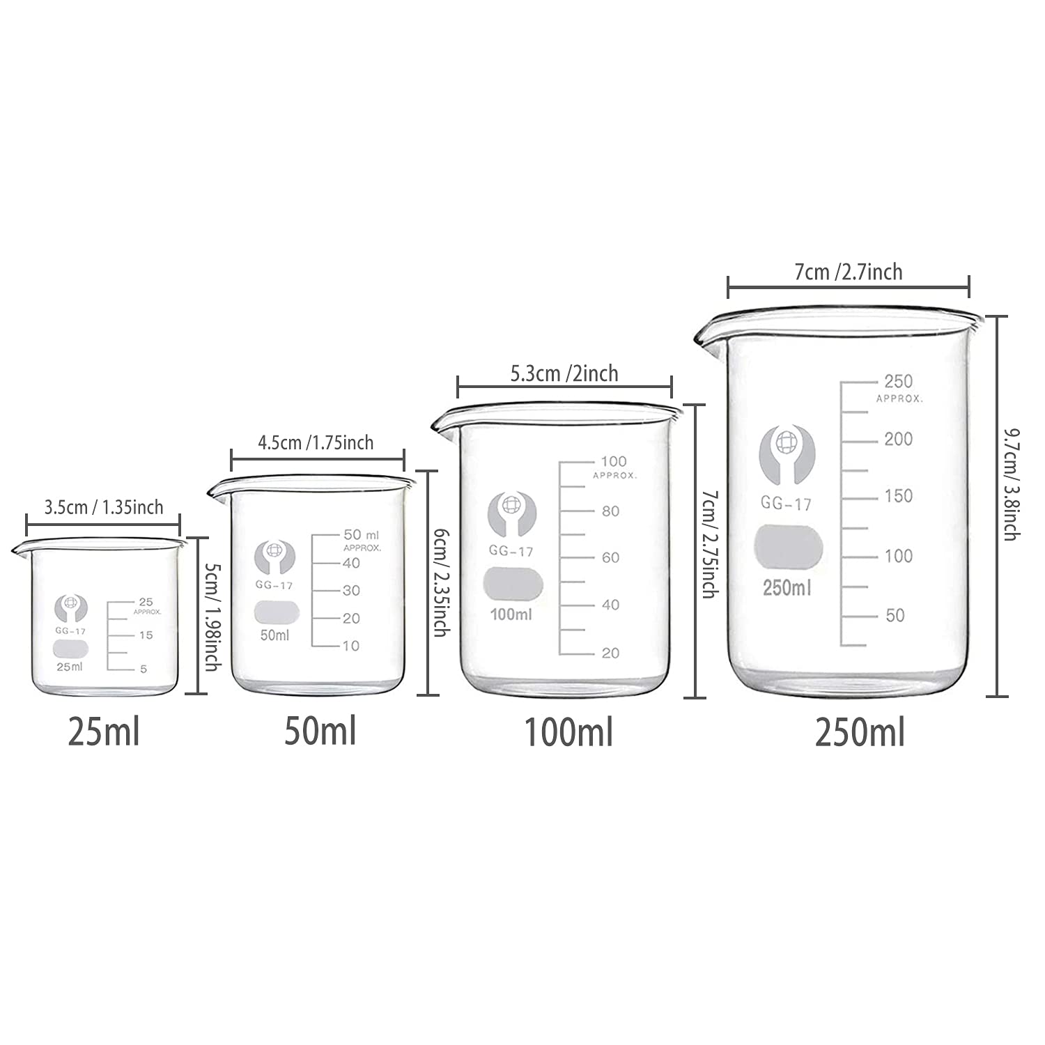 Set di 4 misure: 25, 50, 100, 250 ml, Bicchieri in vetro borosilicato trasparente, Misurini da laboratorio