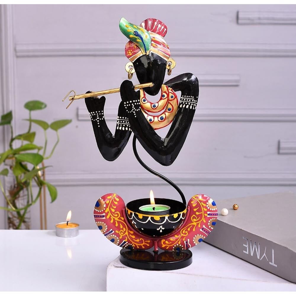Decor Hub Hand-Painted Krishna Tea Light Candle Holder | Iron Design Tea Light Showpiece for Home Décor | Artistic Metal Figurine with Tealight Holder | 9 x 29 x 17 CM (Black)-image-2