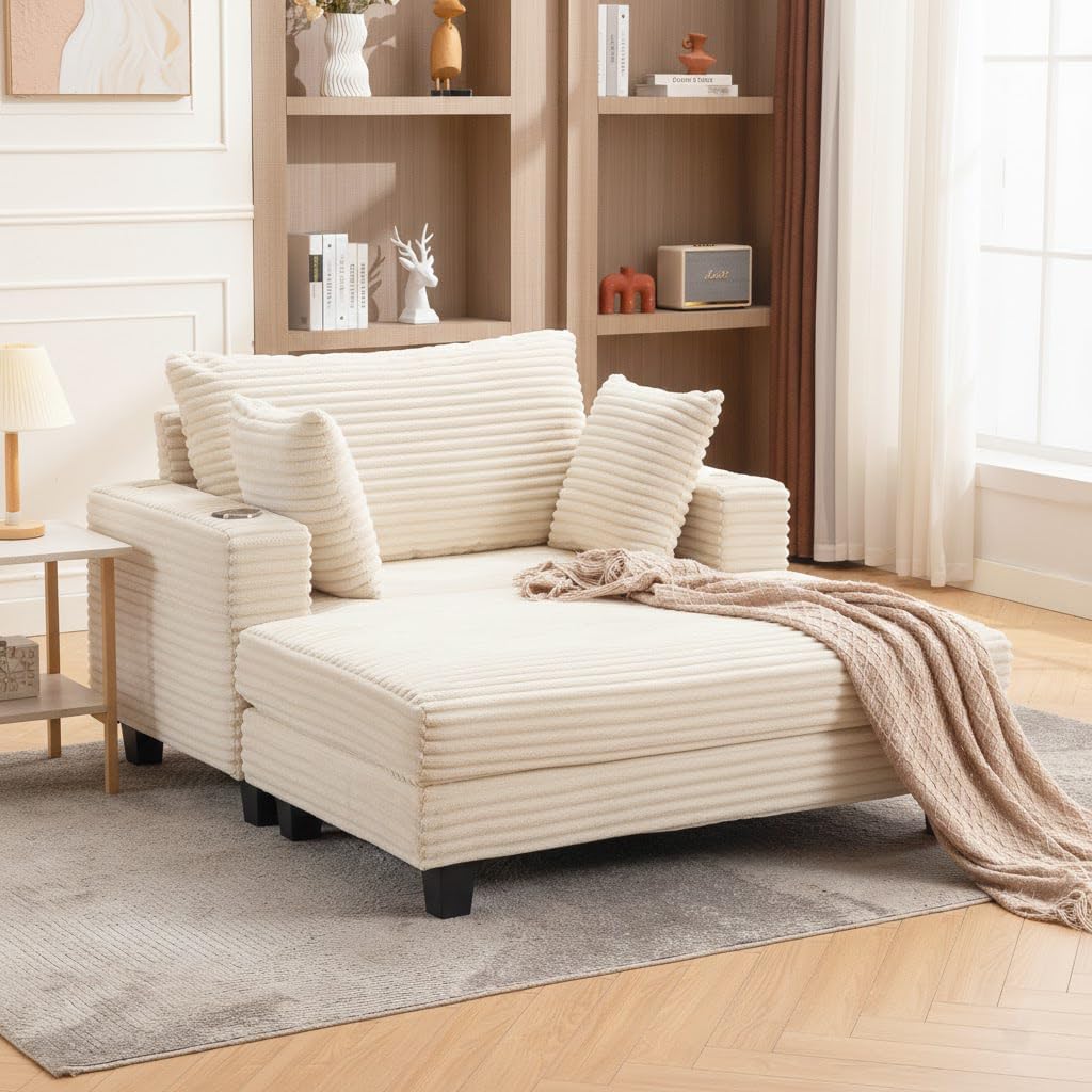 60'' Oversized Chaise Lounge Chair Indoor, Corduroy Upholstered Lounge Sofa with Wood Frame, Comfy Lounge Chaise with Pillows and Cup Holder, Deep Seat Lounge Chair for Living Room Bedroom
