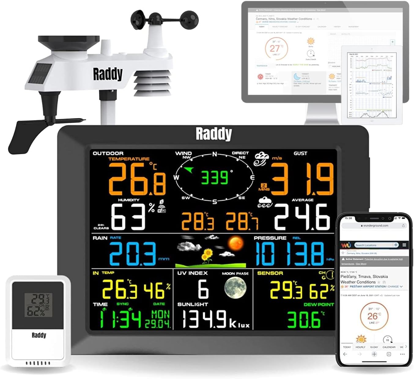Raddy WF-100C Weather Station with Wireless Outdoor Sensor, 14-in-1 WiFi Indoor Outdoor Thermometer with 8 Inch Digital Colour Display, Wind Gauge, Rain Gauge, Solar Sensor for Home, Office, Home