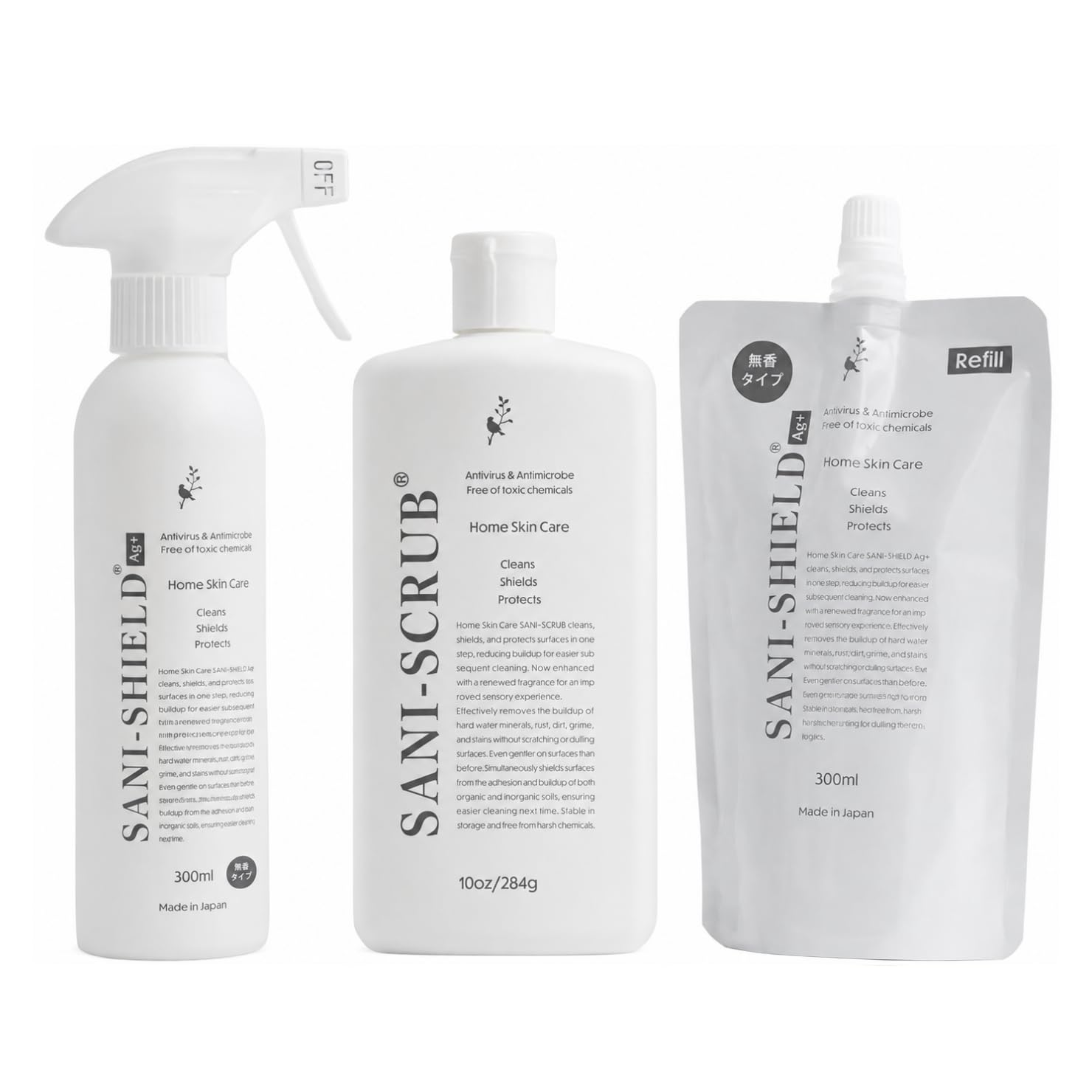 SANI-SHIELD サニーシールドAg+ 除菌スプレー トリガー1本(300ml)+詰替1袋(300ml)+スクラブ1本(284ml) 無香料 クリーナー 中性 抗菌コーティング ウィルス 花粉 消臭 防カビ お掃除 洗浄 撥水 艶 ツヤ 手に優しい 古堅純子 銀イオン ペット臭 日本製