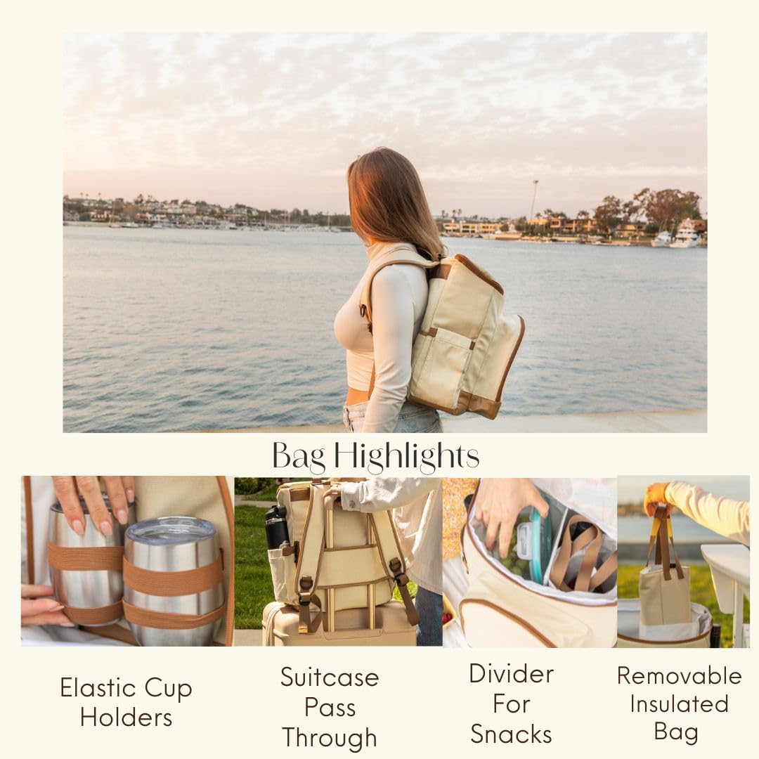 Insulated Wine Cooler Backpack – Canvas & Vegan Leather Picnic Bag for up to 4 Bottles, Food, & Snacks | TSA Approved Removable Wine Bag, Cooler Compartment & Travel Strap