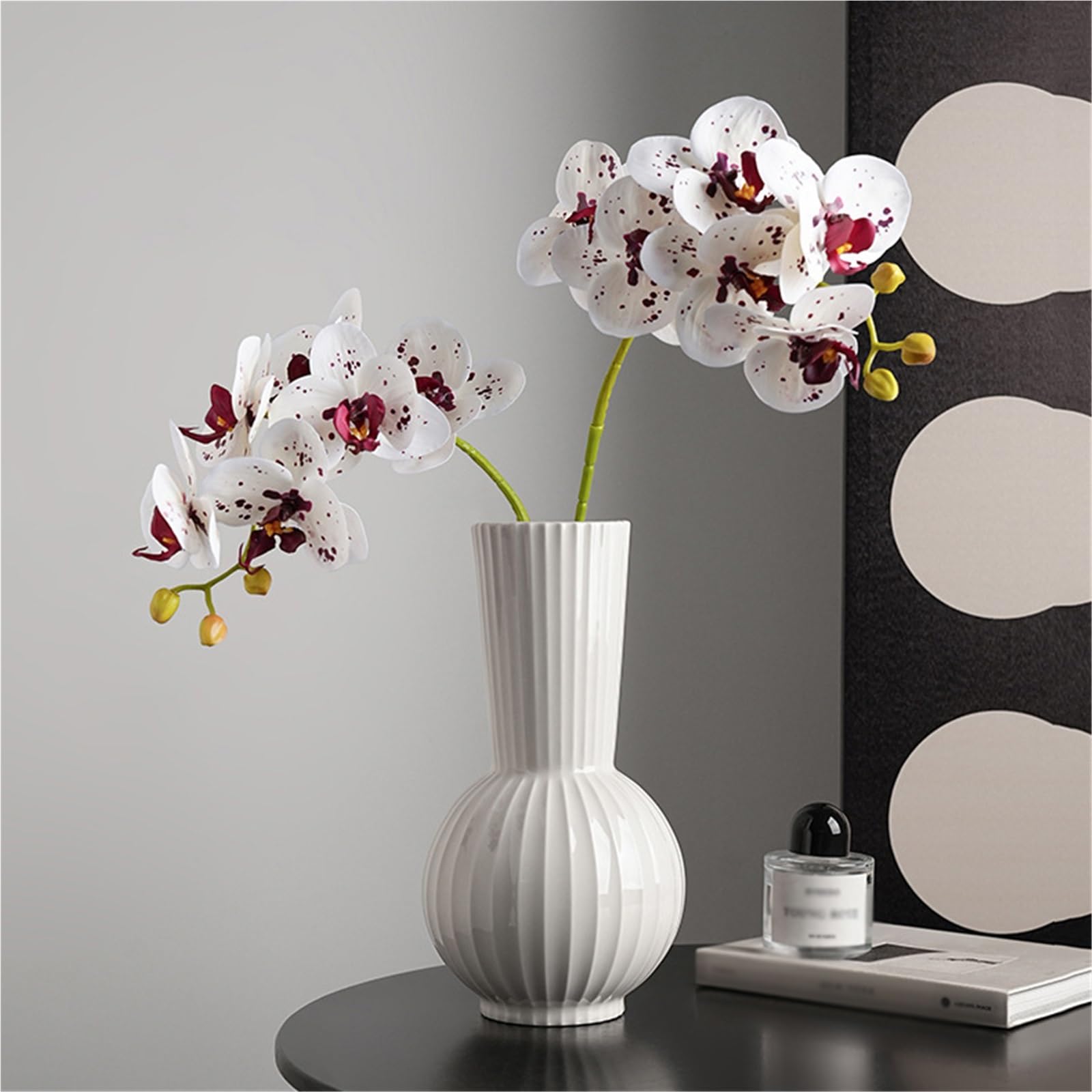 Weiße Keramikvase, Boho-Dekor, Bauernhaus-Dekovase, gestreifte Dekoration, moderne Vase für Wohndeko, Wohnzimmer, Eingangsbereich, Hochzeit(L)