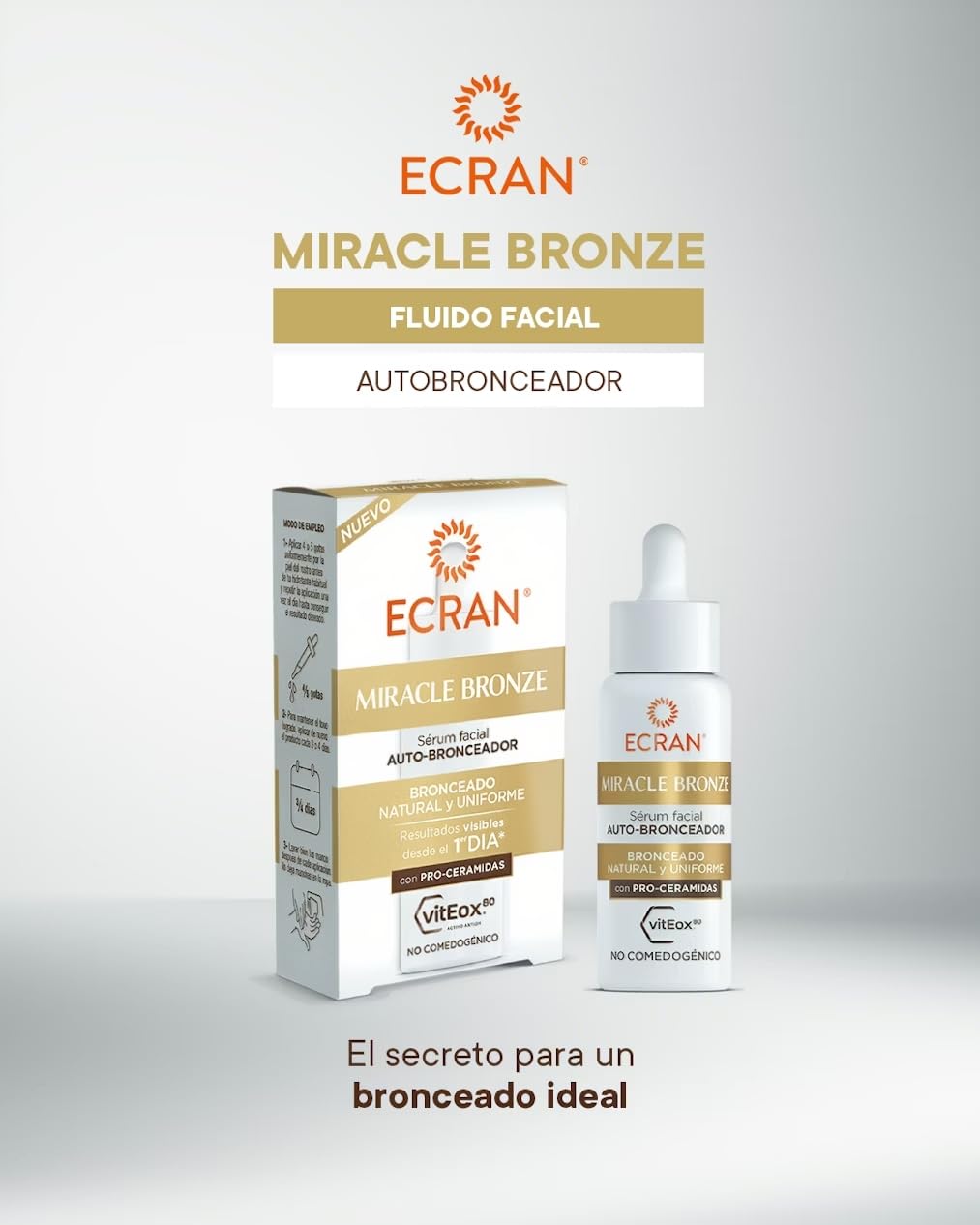 ECRAN Miracle Bronze Autobronceador Facial - Loción Bronceadora con Pro-Ceramidas - Bronceado Natural, Uniforme y Progresivo sin Sol - Textura Ligera, No Reseca ni Engrasa - 4 Días de Duración - 50 ml