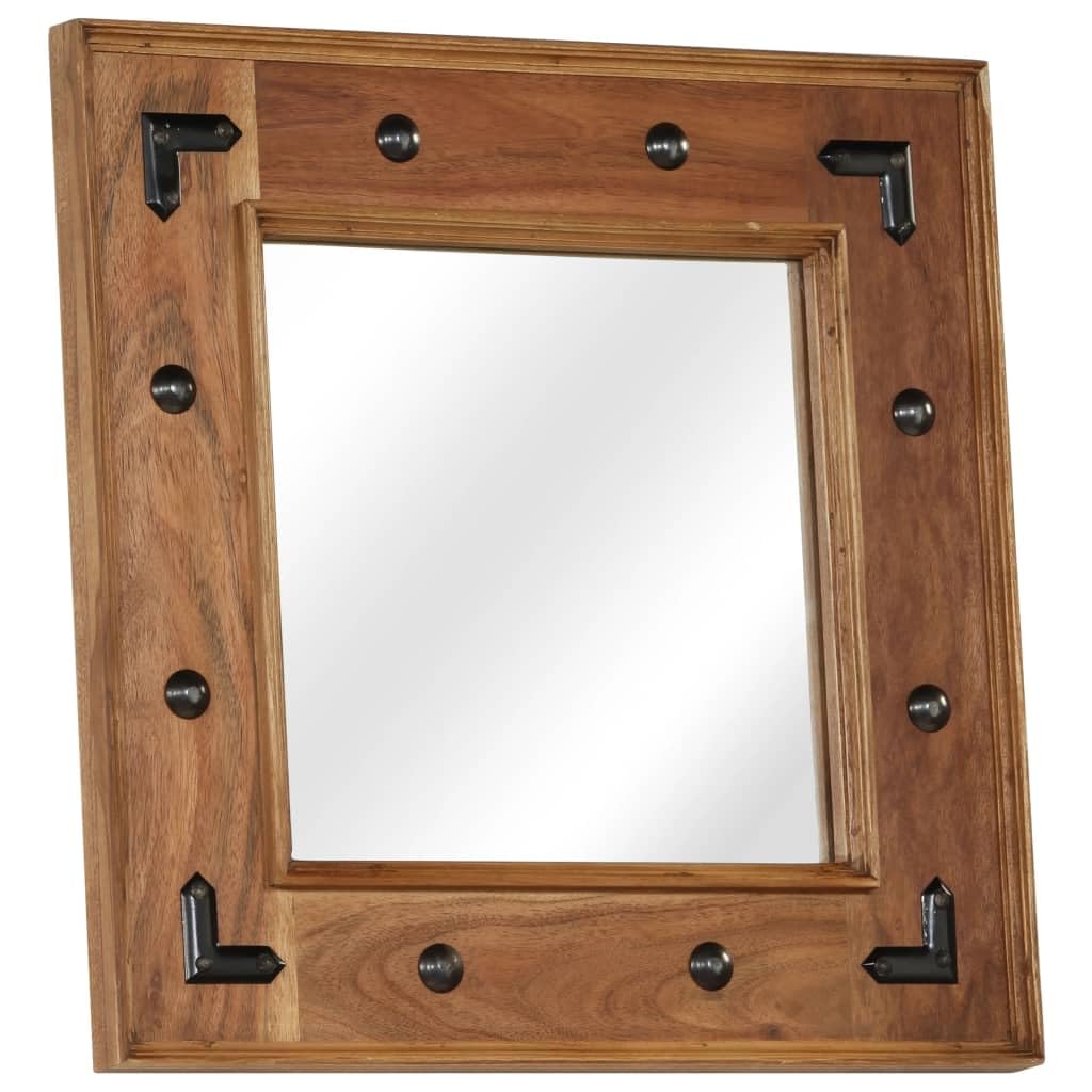 Lustro z litego drewna akacjowego, 50 x 50 cm, drewniana rama, polerowana, dekoracyjne do łazienki, salonu, korytarza, lustro ścienne w stylu vintage, bez montażu, wytrzymałe i wszechstronne