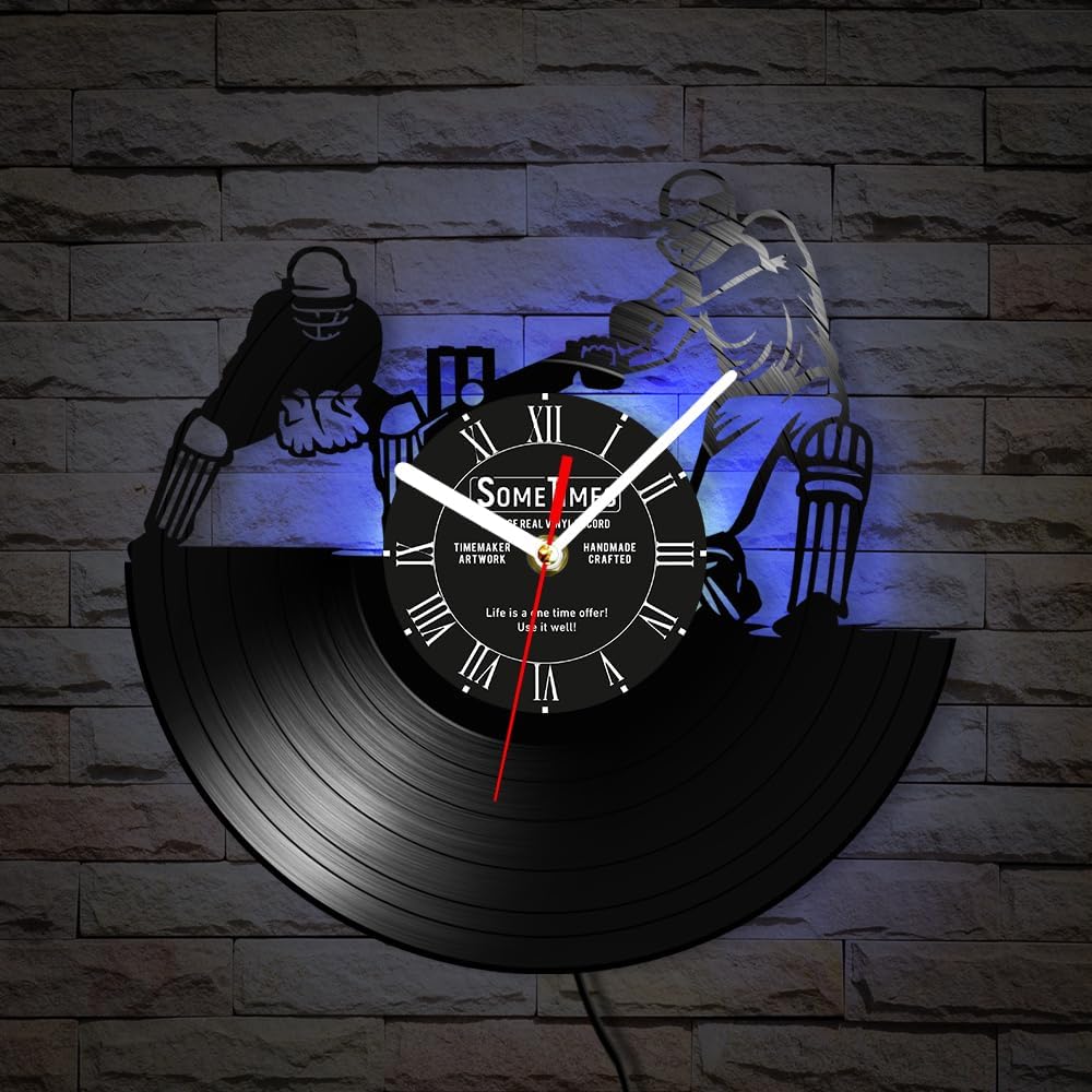 The Geeky Days Cricket Theme Vinyl Record Wall Clock Personalized Name, 7 Kinds of LED Color Personalized Cricket Sign Sports Wall Art Clock Watch Silent Movement for Cricket Player Boys Room 12''