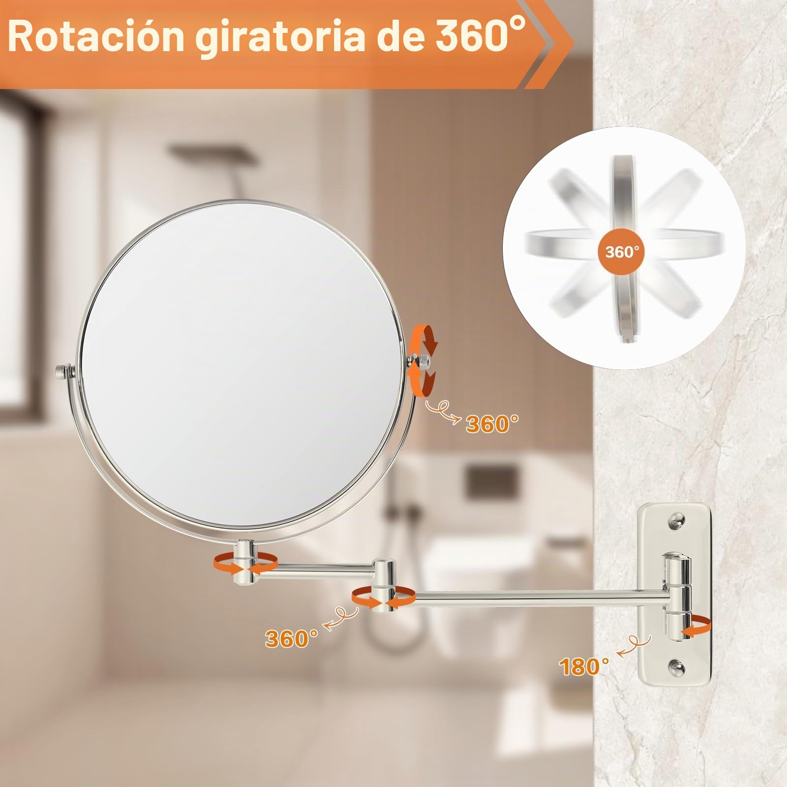 Espejo de baño extensible de 8 pulgadas con aumento de 1X/10X, giratorio de 360° de doble cara y espejo de afeitado, acabado de níquel (sin luz)