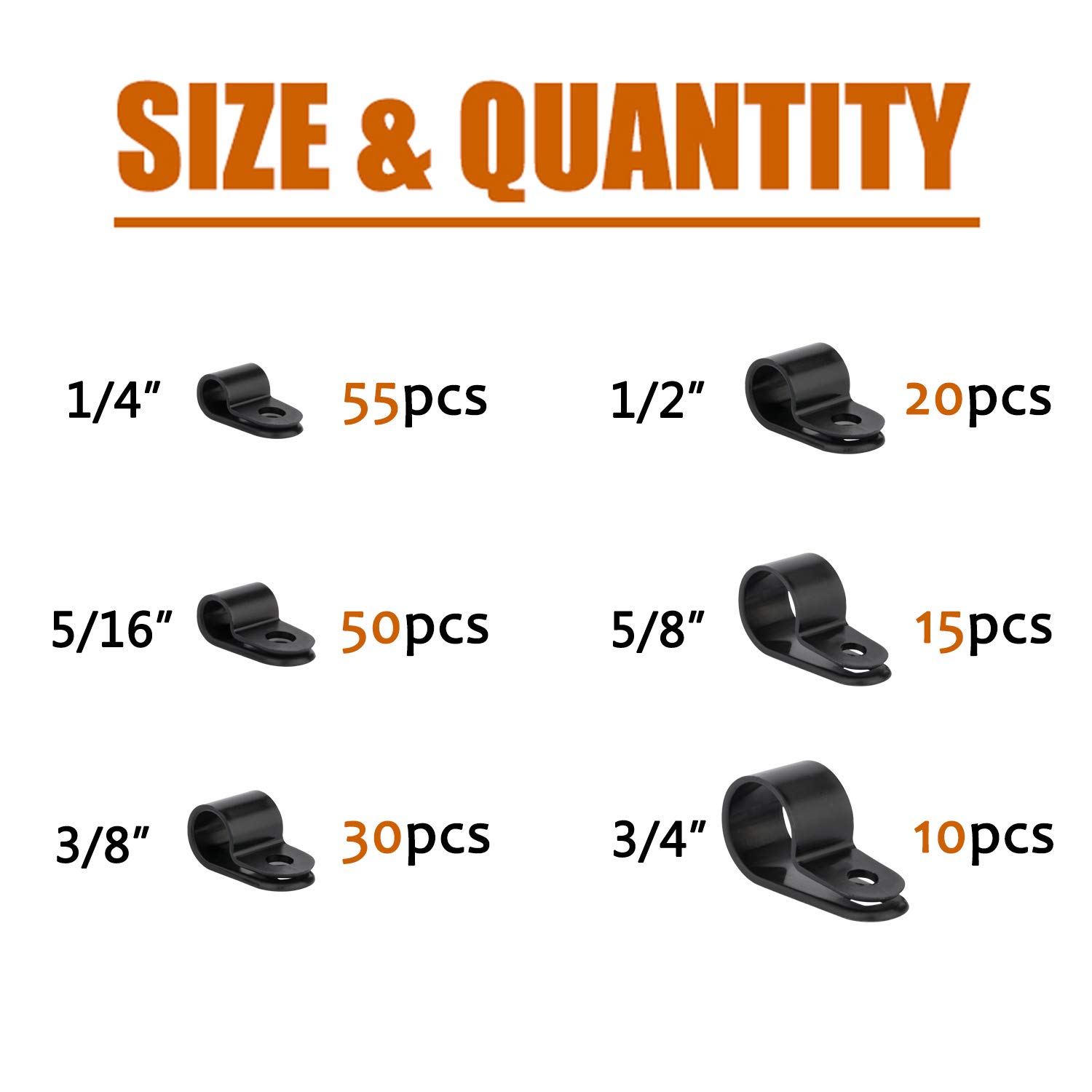 ISPINNER 180pcs Nylon Plastic R-Type Cable Clamps, 1/4" 5/16" 3/8" 1/2" 5/8" 3/4" Clips Fasteners Assortment Kit for Cable Conduit (Black)