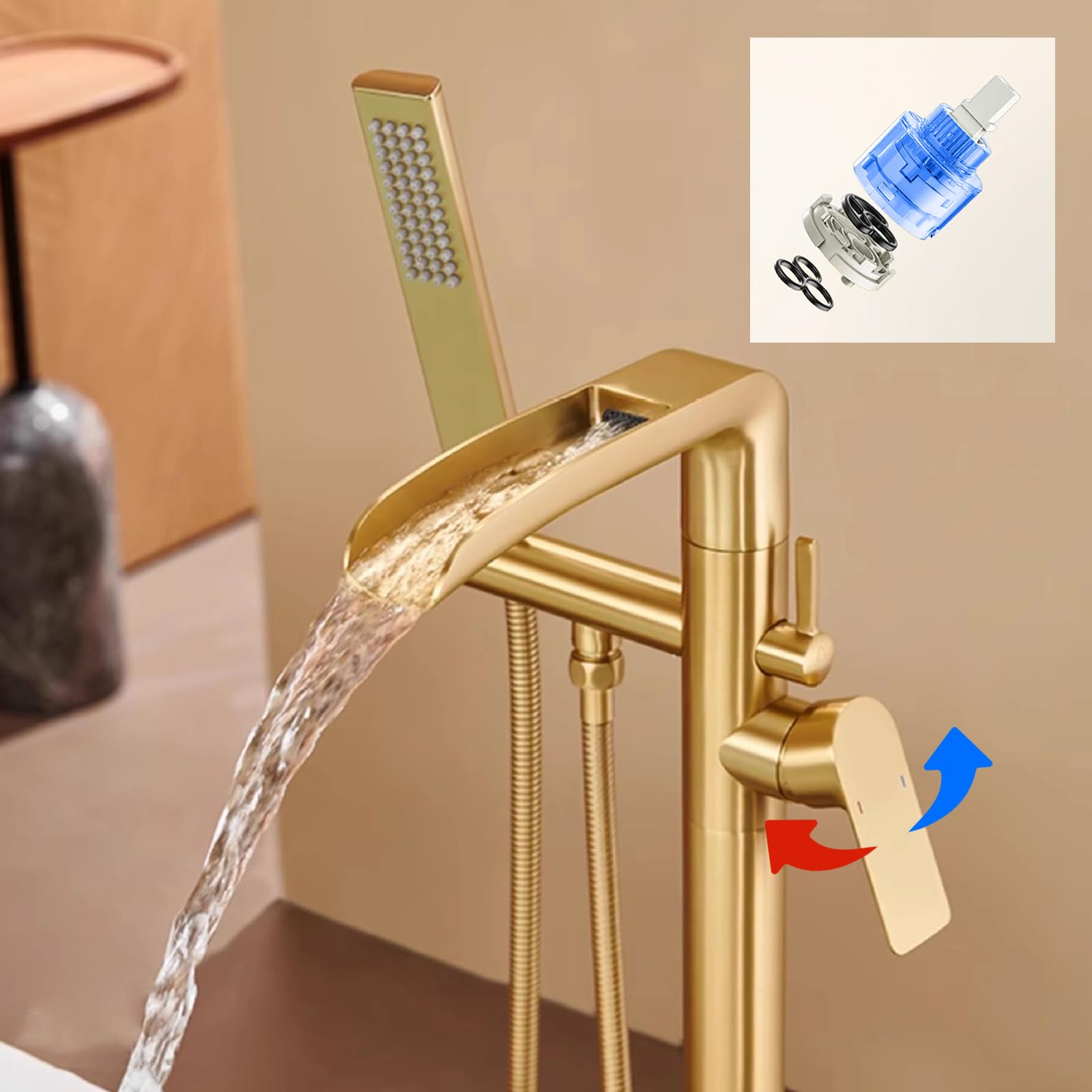 Grifo Mezclador de Bañera Y Ducha Independiente Grifo de Bañera de Pie con Agua Fría Y Caliente Tipo Cascada Y Ducha de Mano de Latón Monomando Gris
