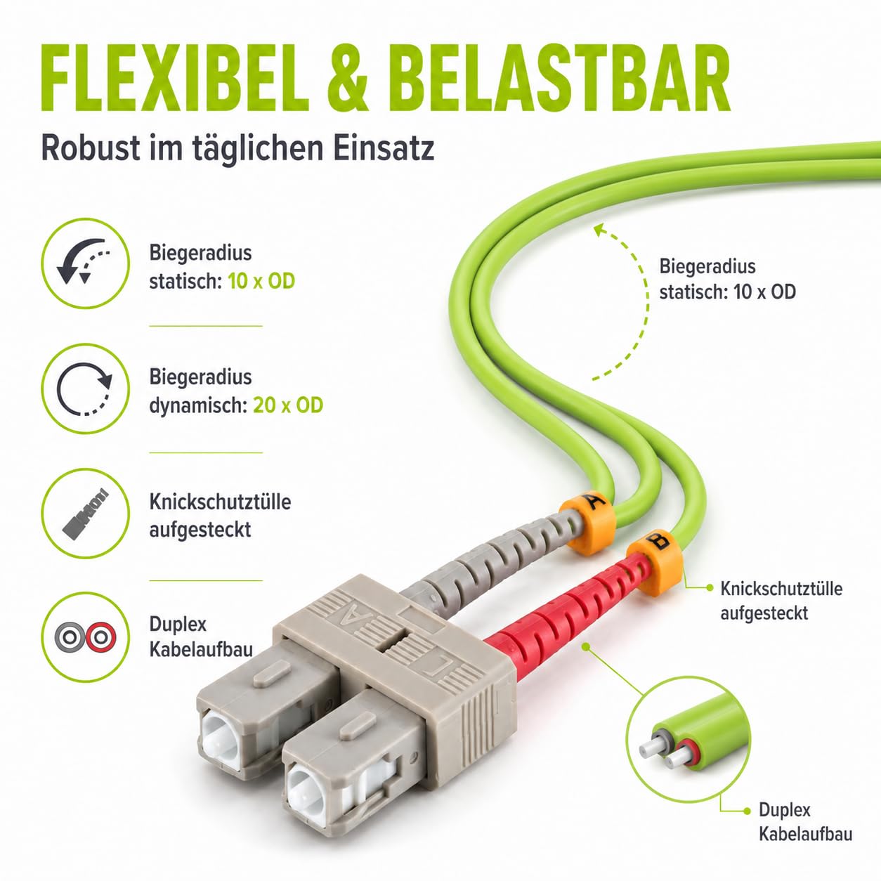 1 câble de brassage duplex OM5 LWL DX de 30 m, SC/UPC - SC/UPC MM multimode - 50/125 µm LSZH vert citron