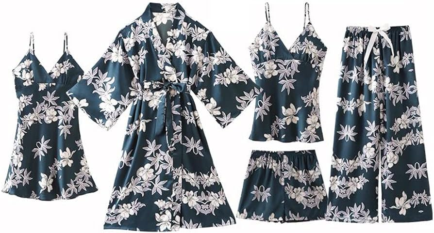 Sexy Faux Silk Sleepwear Women Satin Pajamas Set Kimono Bathrobe Gown Lounge Wear Pijamas Lingerie Suitable for All Seasons(Black-JoJo's Bizarre Adventure1,XL)