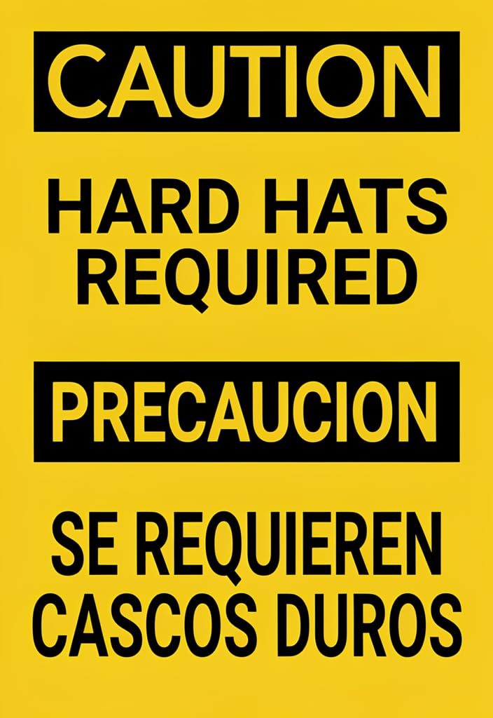 peiyeety Caution Hard Hats Required Tin Sign 12x8 Inch, Yellow & Black Bilingual English/Spanish Safety Metal Wall Sign, Industrial Construction Decor for Jobsite, Workshop, Garage, Warehouse