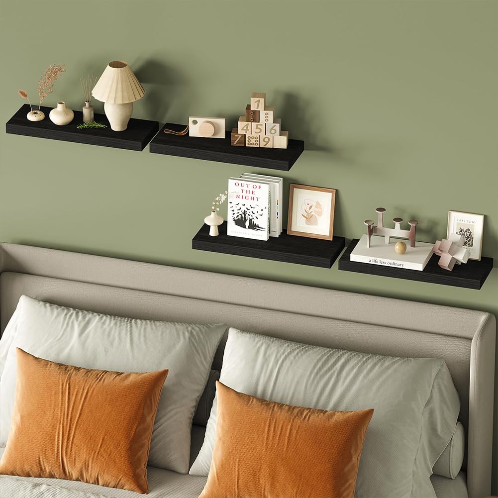 BAKAJI Lot de 4 étagères murales en Bois Massif, étagères murales Multi-usages avec Supports rétractables en métal, étagères pour Chambre à Coucher, Salon, Cuisine, Salle de Bain, 40 x 14 x 3 cm