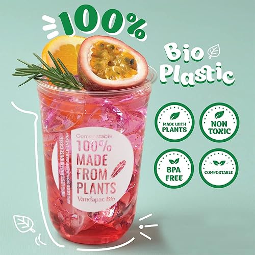 Miniatura 2 de VANDAPAC Vasos compostables Vasos de plástico de 20 oz (16 tazas). Vasos biodegradables que son tazas frías ecológicas. Vasos de plástico