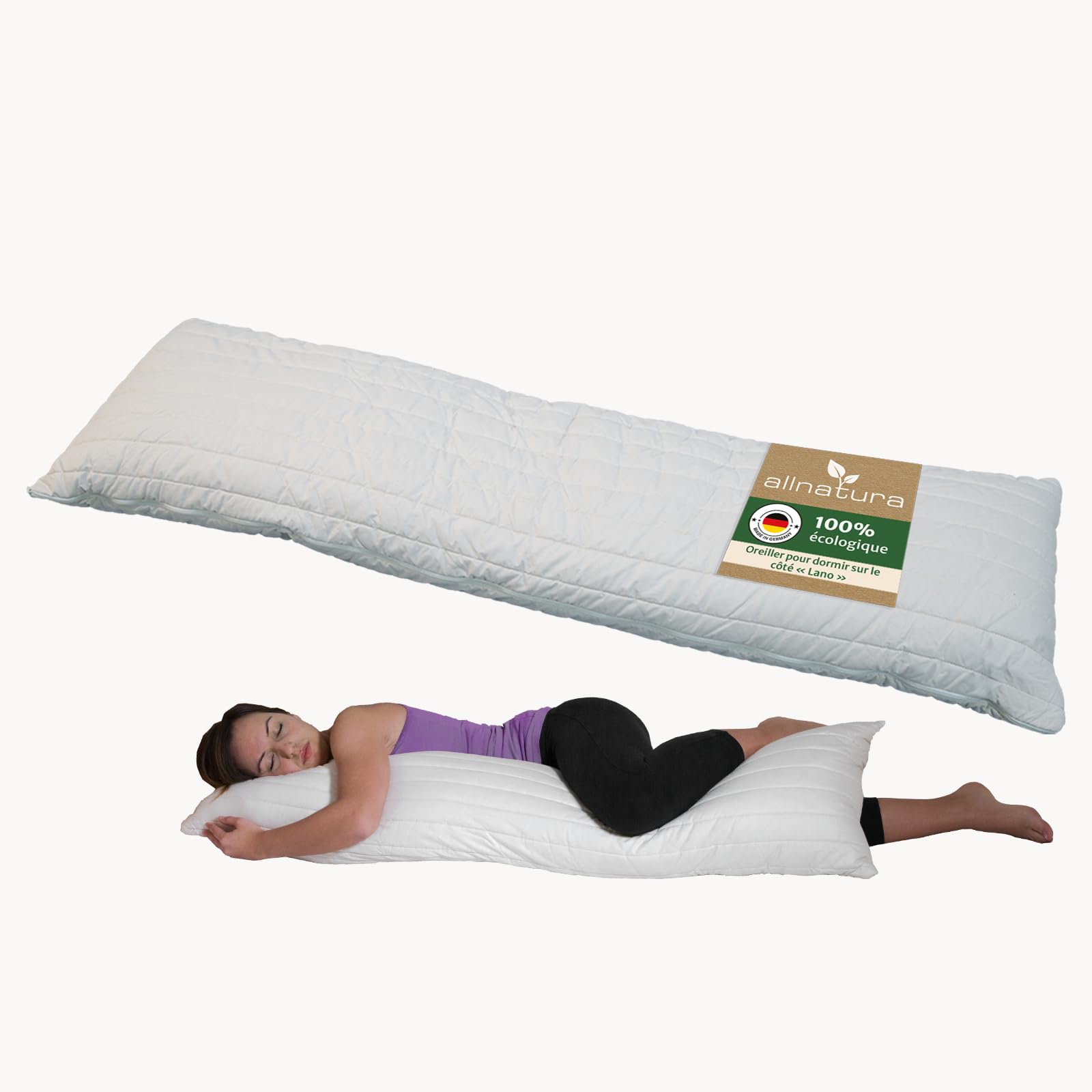 allnatura Grand Coussin pour dormeurs latéraux Lano avec Housse en Coton Biologique 40x140 – Coussin Durable et Ajustable en Flocons de Laine et de Latex – Lavable en Machine & fabriqué en Allemagne
