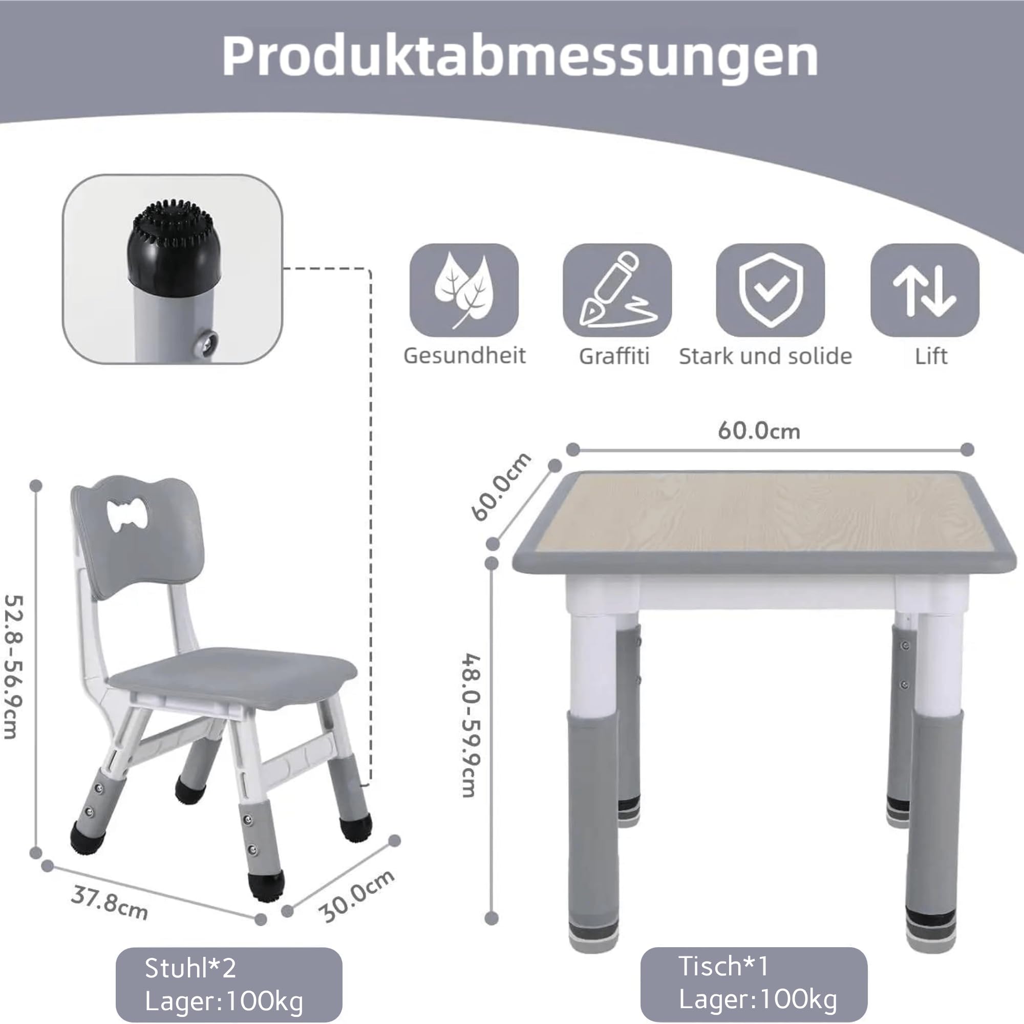 Clevich Kindertisch mit 2 Stühlen, Tisch Stuhl Set, Kindersitzgruppe Höhenverstellbar, Kindermöbel für Kinderzimmer Maltisch Sitzgruppe- Ergonomisch, Multifunktional - Grau