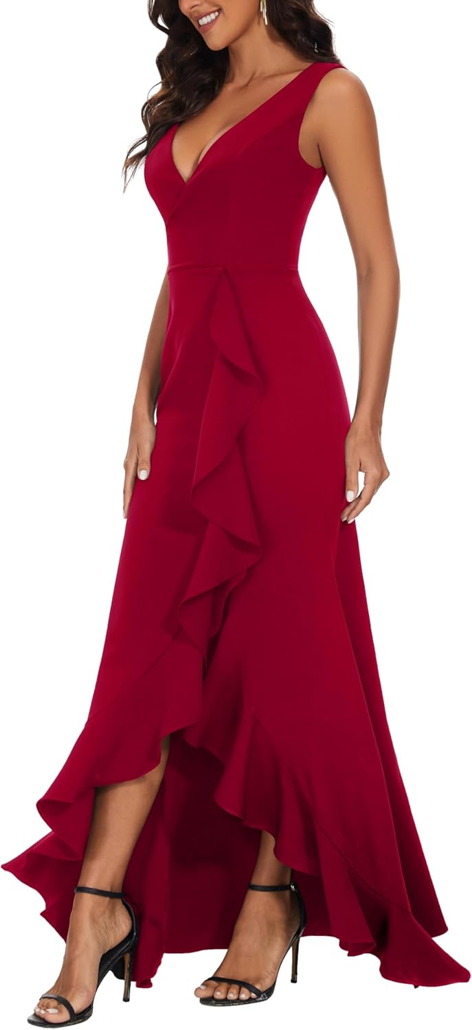Women's Formal Dresses; Long Black Wedding Guest Bridesmaid Cocktail Plunging V-Neck Sleeveless Ruffle Maxi Dress